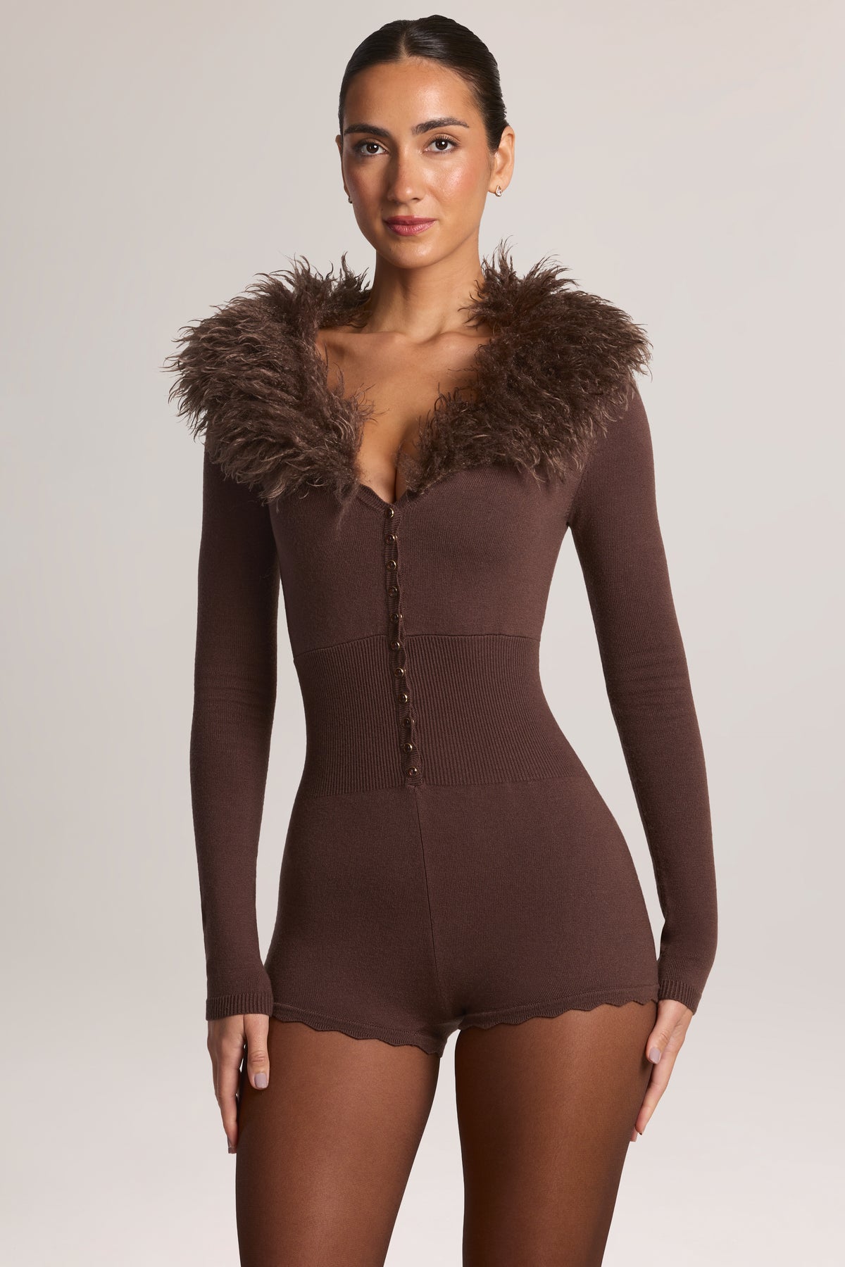 Mongolian Fur-Trim Romper in Chocolate Brown