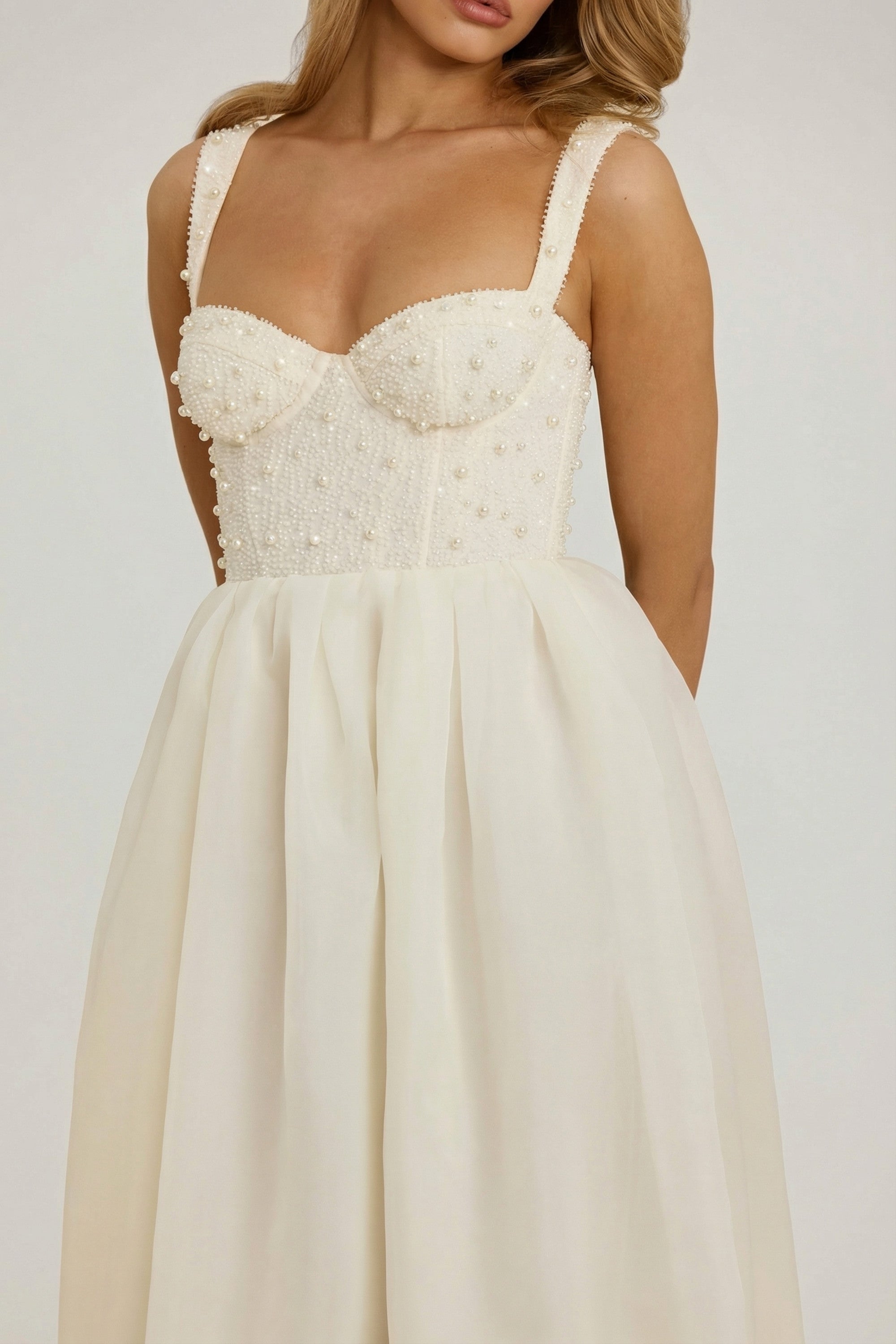 corset organza maxi dress in white Delancey Embellished Corset Gown in White