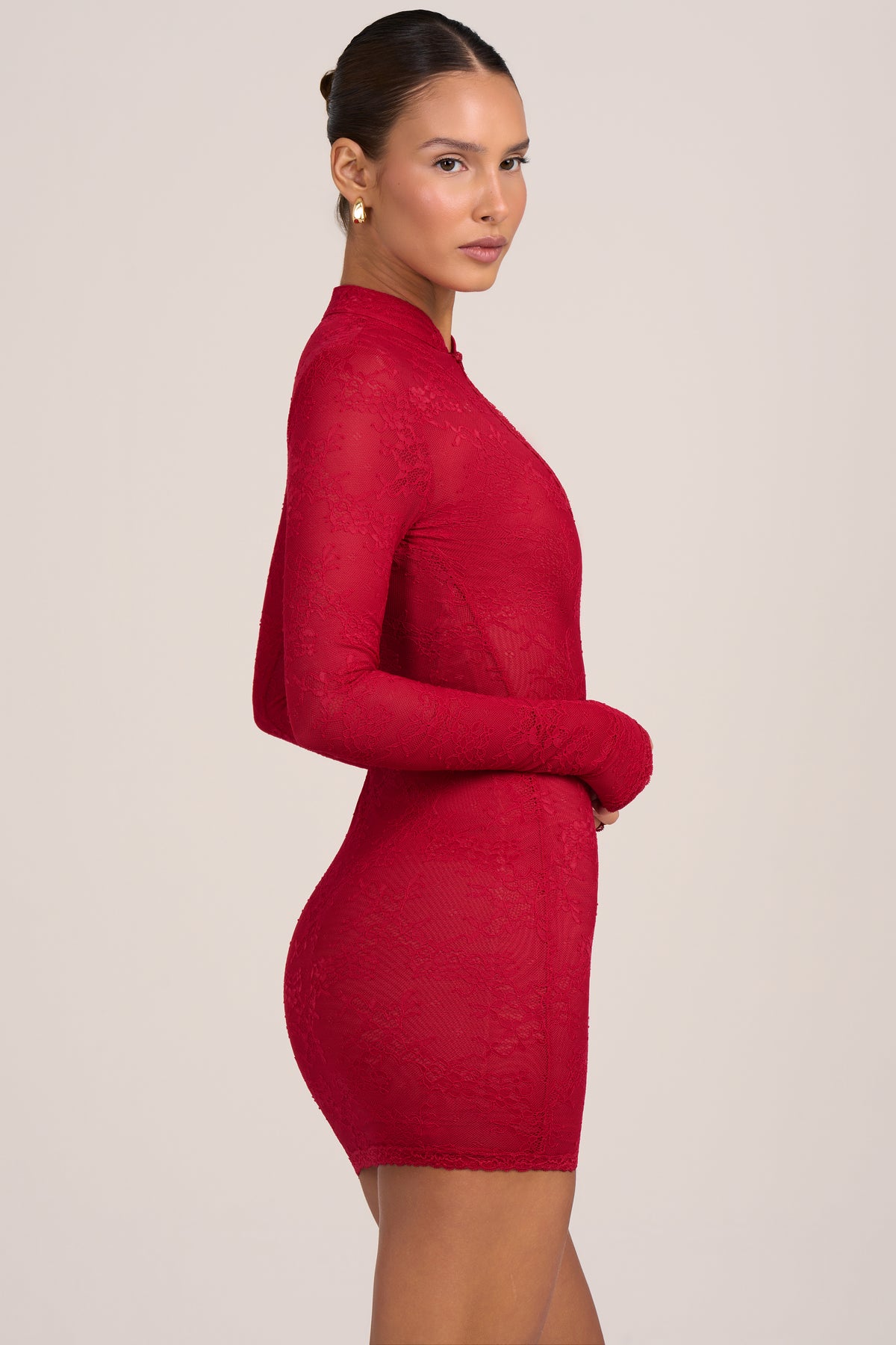 Lace Long-Sleeve Mini Dress in Fire Red