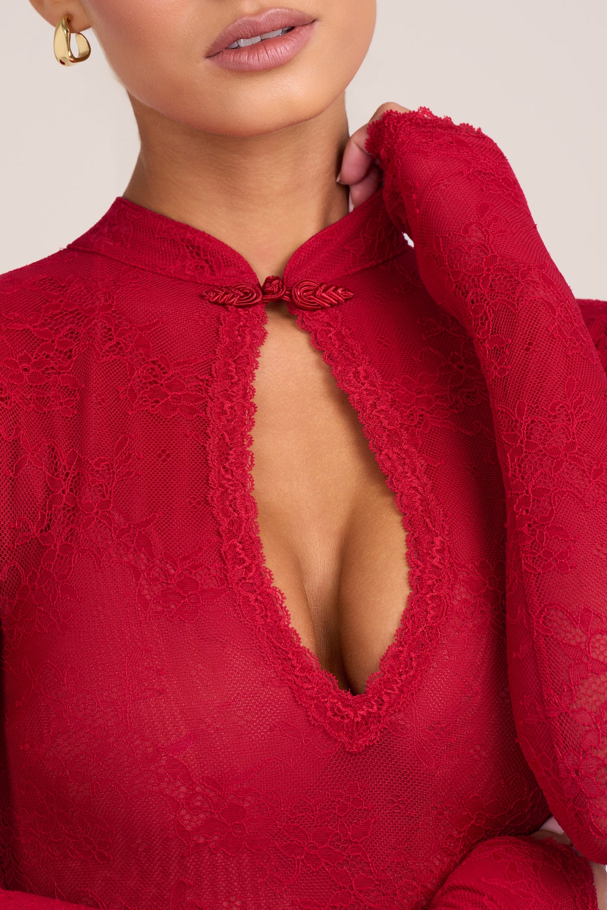 Lace Long-Sleeve Mini Dress in Fire Red