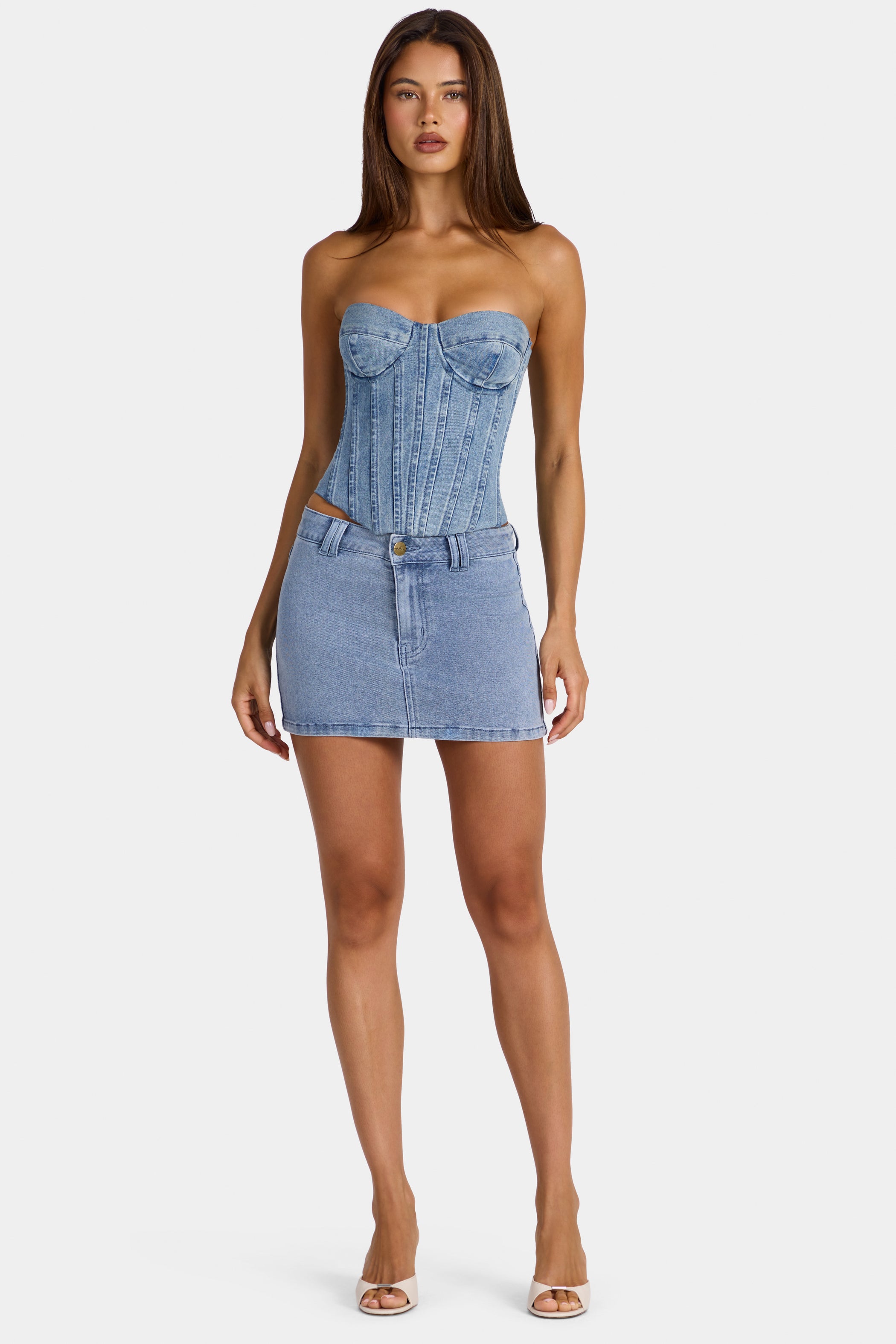 Low-Rise Denim Mini Skirt in Mid-Blue
