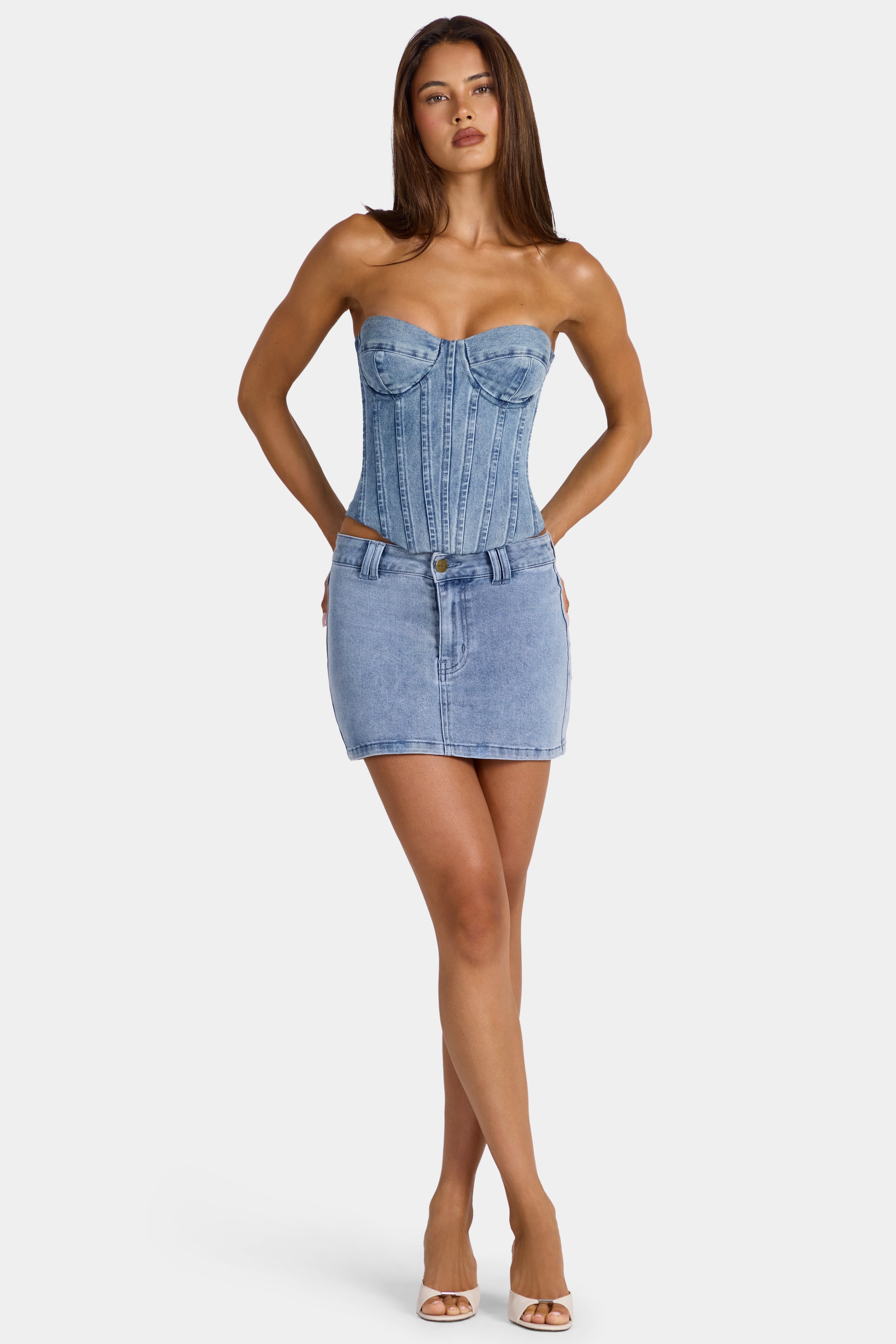 Low-Rise Denim Mini Skirt in Mid-Blue