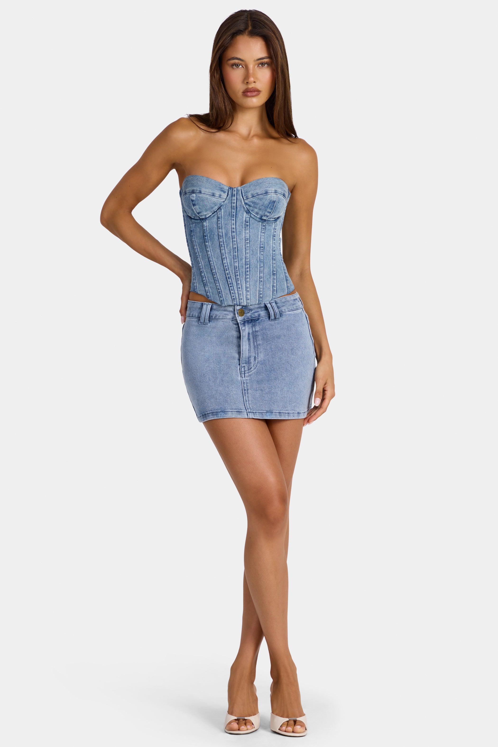 Low-Rise Denim Mini Skirt in Mid-Blue
