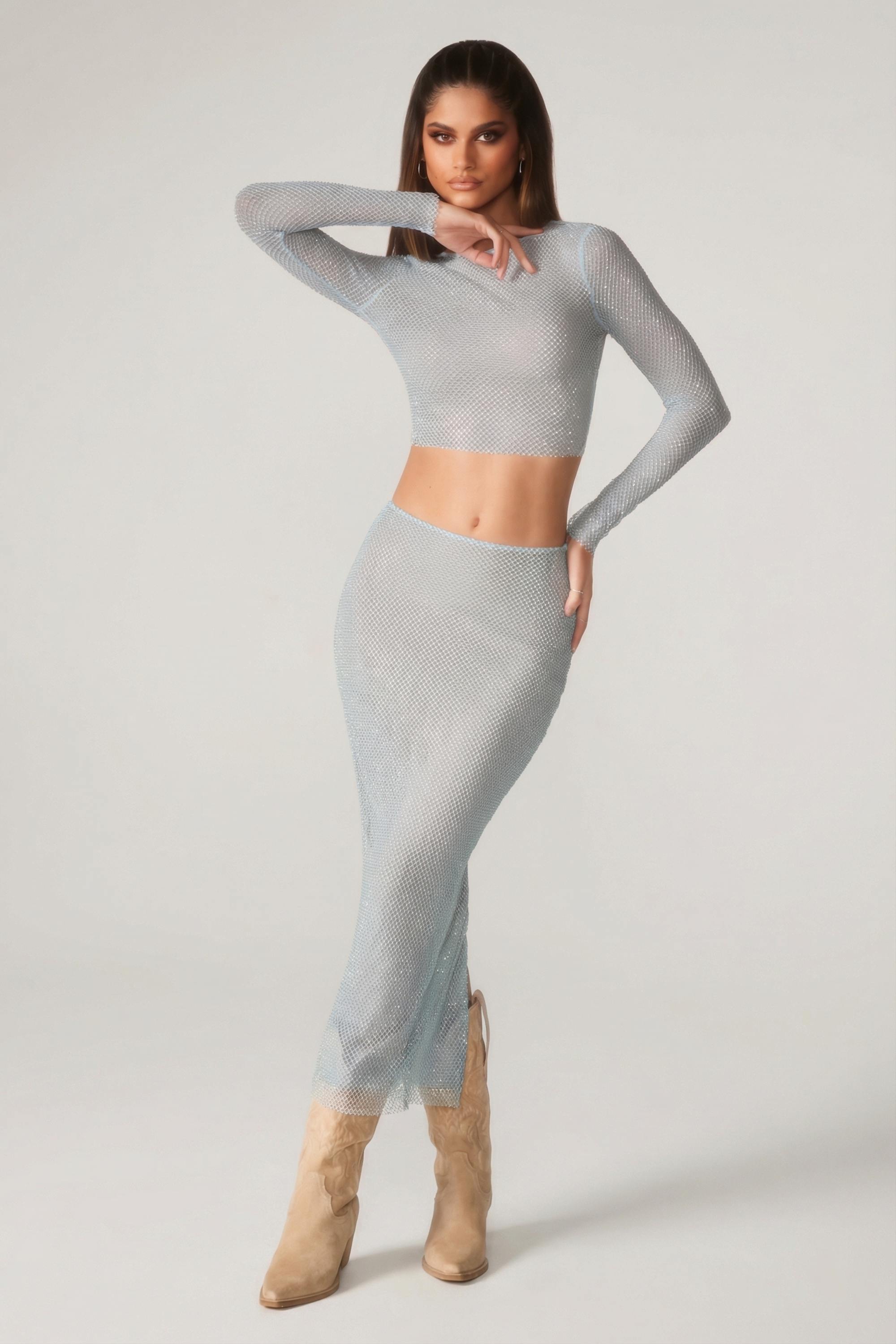 Embellished Long Sleeve Top in Aqua