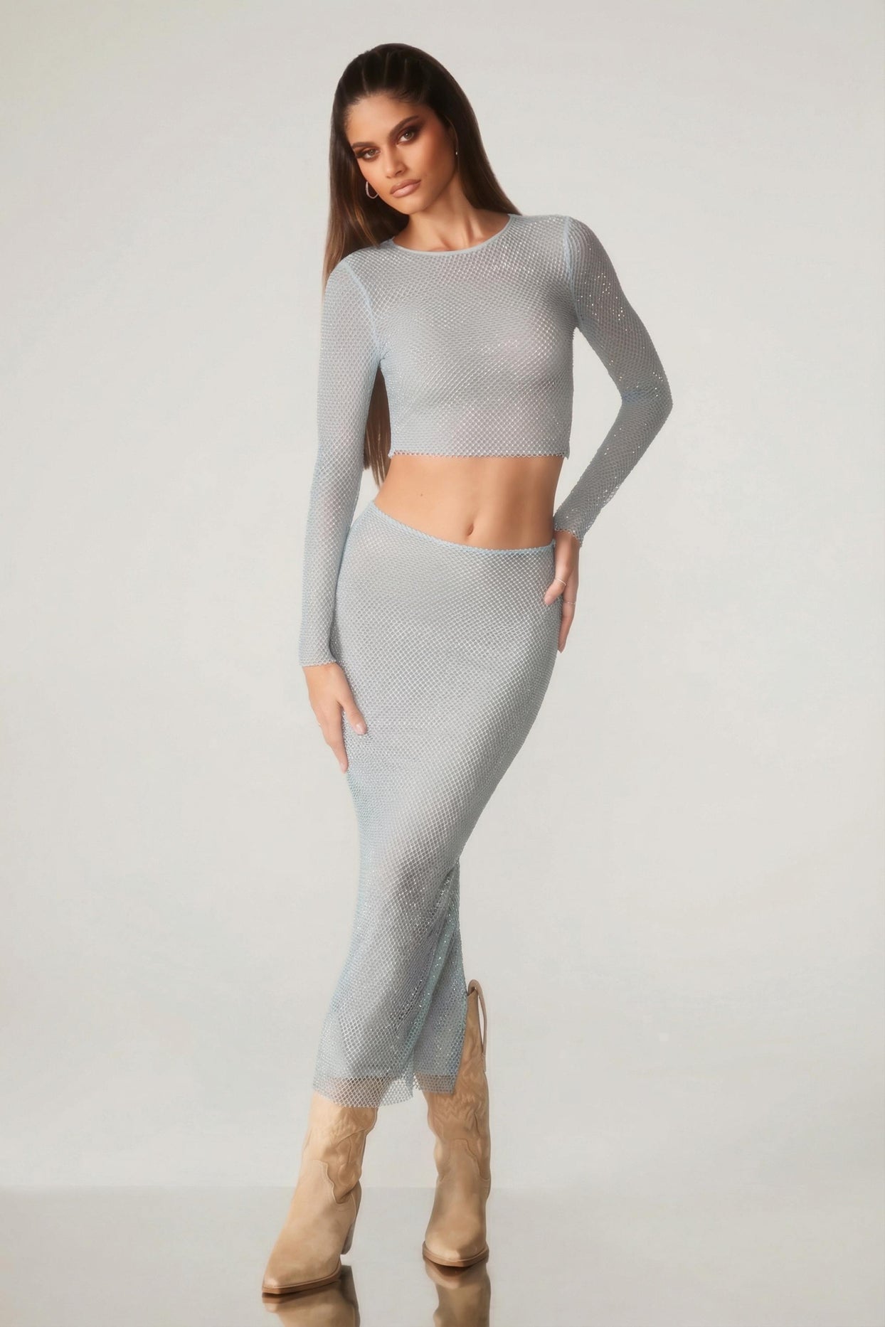 Embellished Long Sleeve Top in Aqua - 6