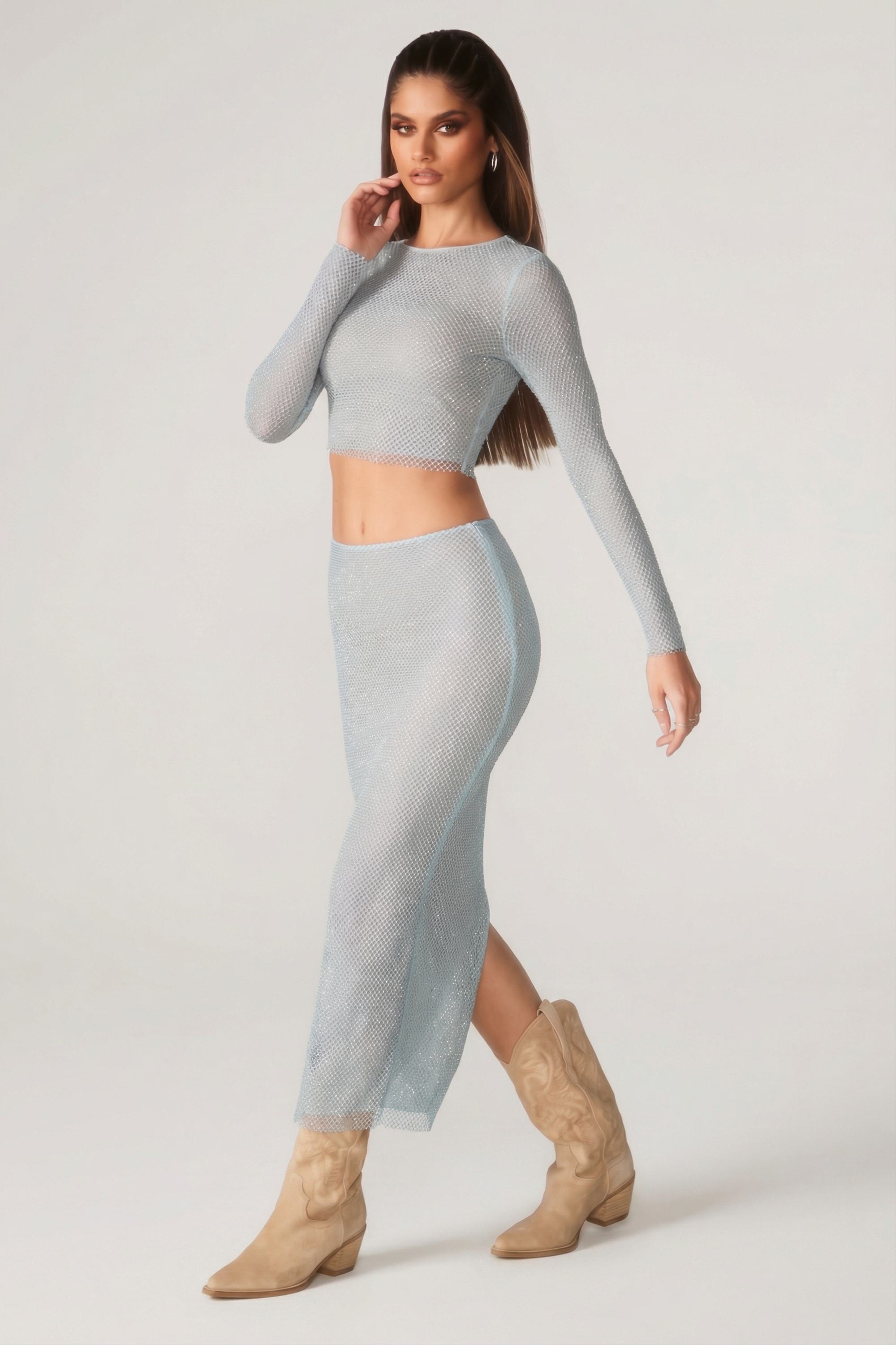 Embellished Long Sleeve Top in Aqua