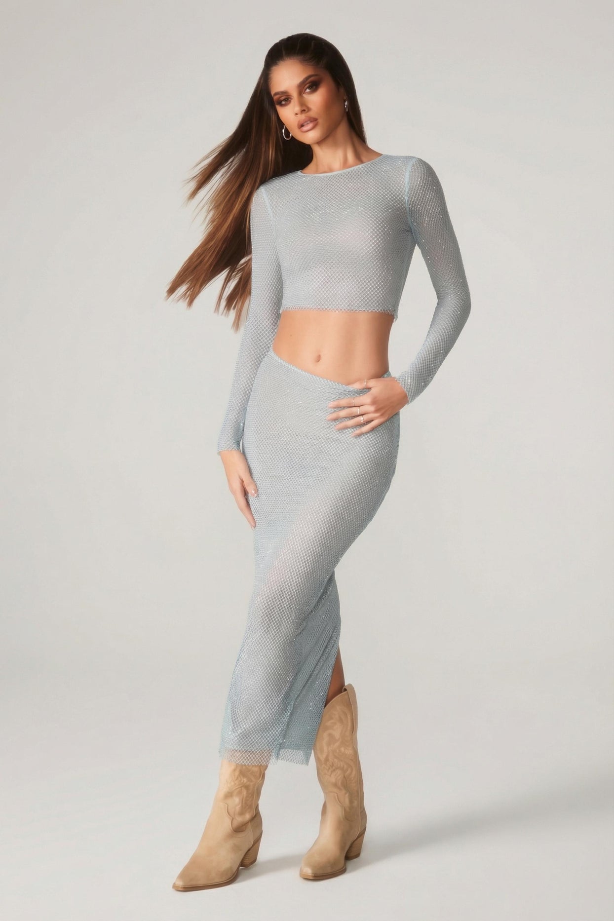 Embellished Long Sleeve Top in Aqua - 8