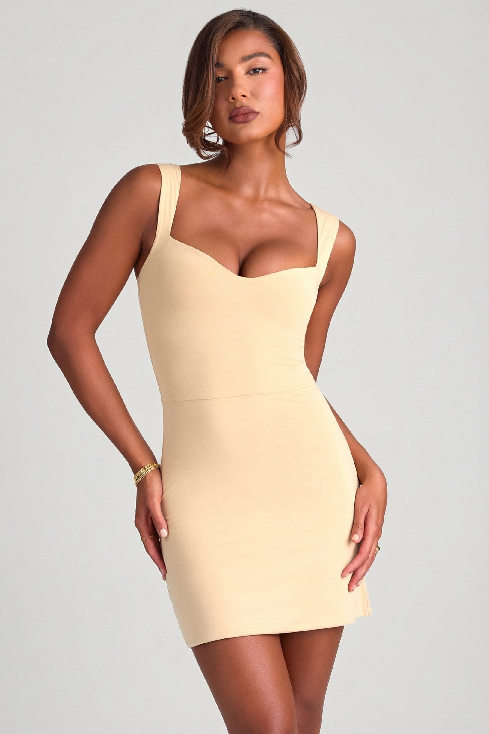 Modal Sweetheart Neckline Bodycon Mini Dress in Sand - 1