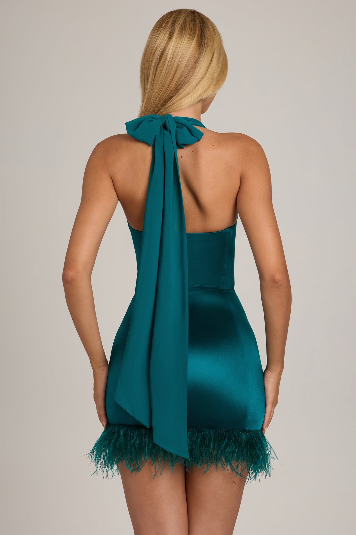Satin Jersey Feather-Trim Mini Dress in Teal