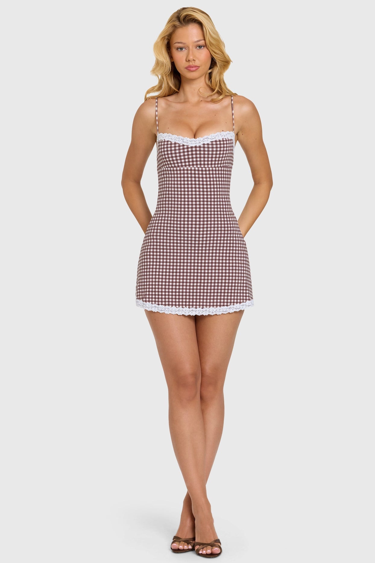 Modal Lace-Trim Mini Dress in Brown Gingham - 5