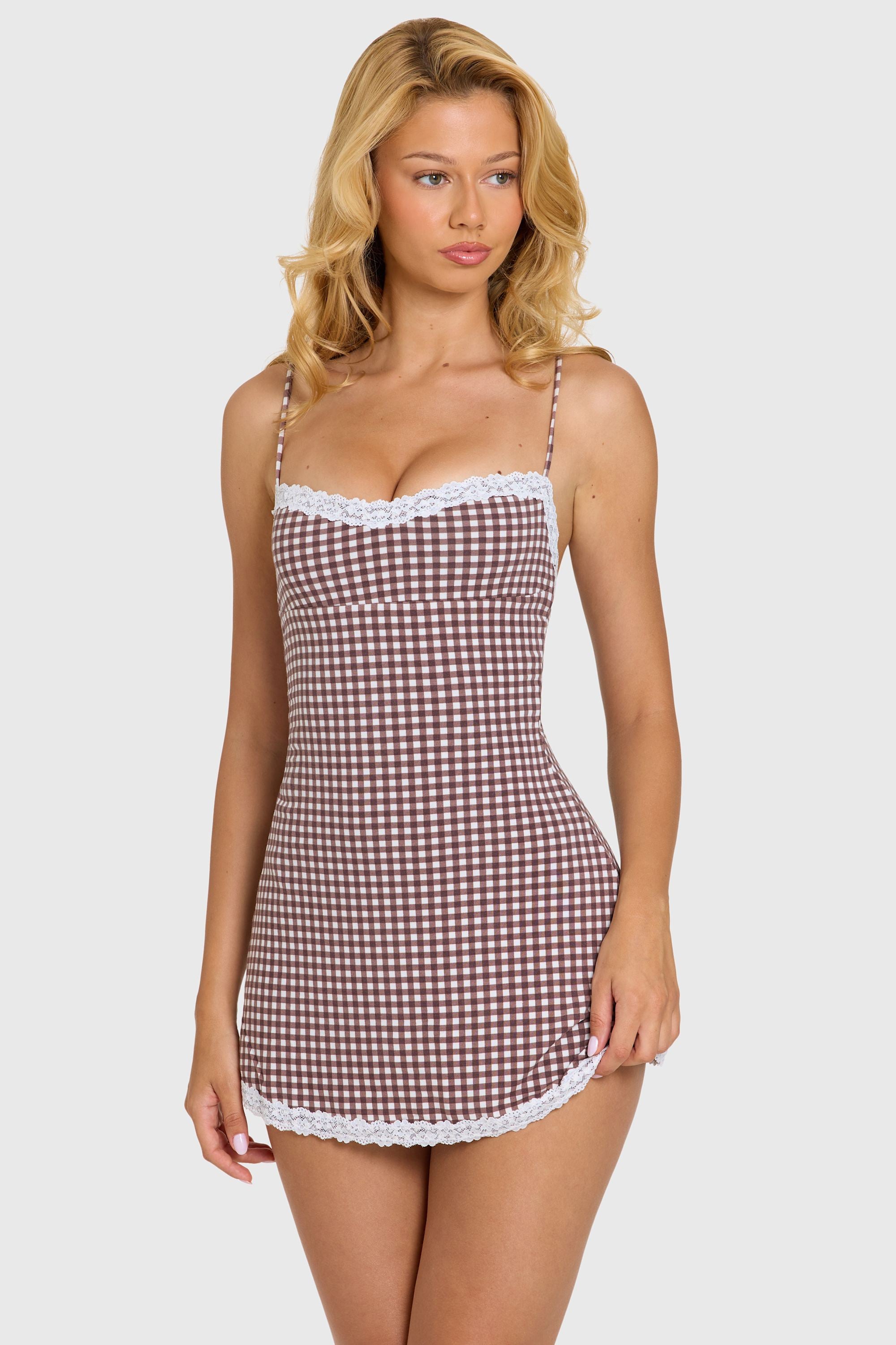 Modal Lace-Trim Mini Dress in Brown Gingham