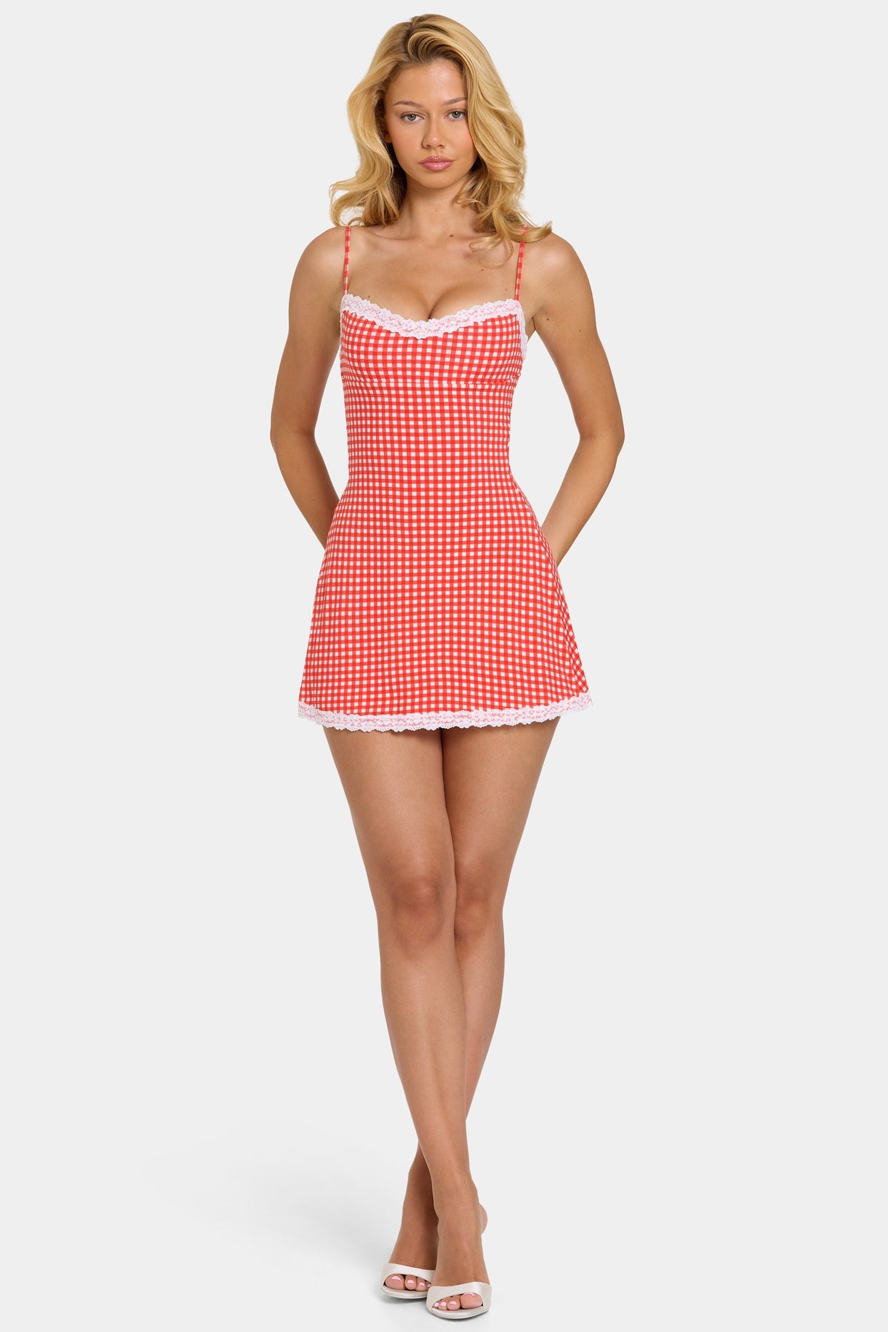 Modal Lace-Trim Mini Dress in Red Gingham - 4