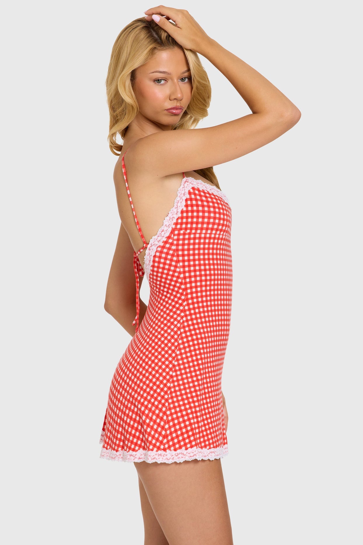 Modal Lace-Trim Mini Dress in Red Gingham - 3