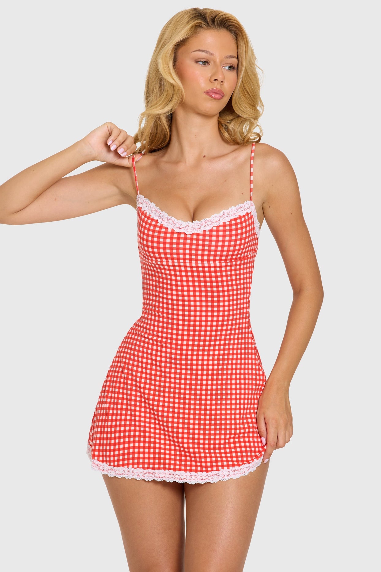 Modal Lace-Trim Mini Dress in Red Gingham - 7
