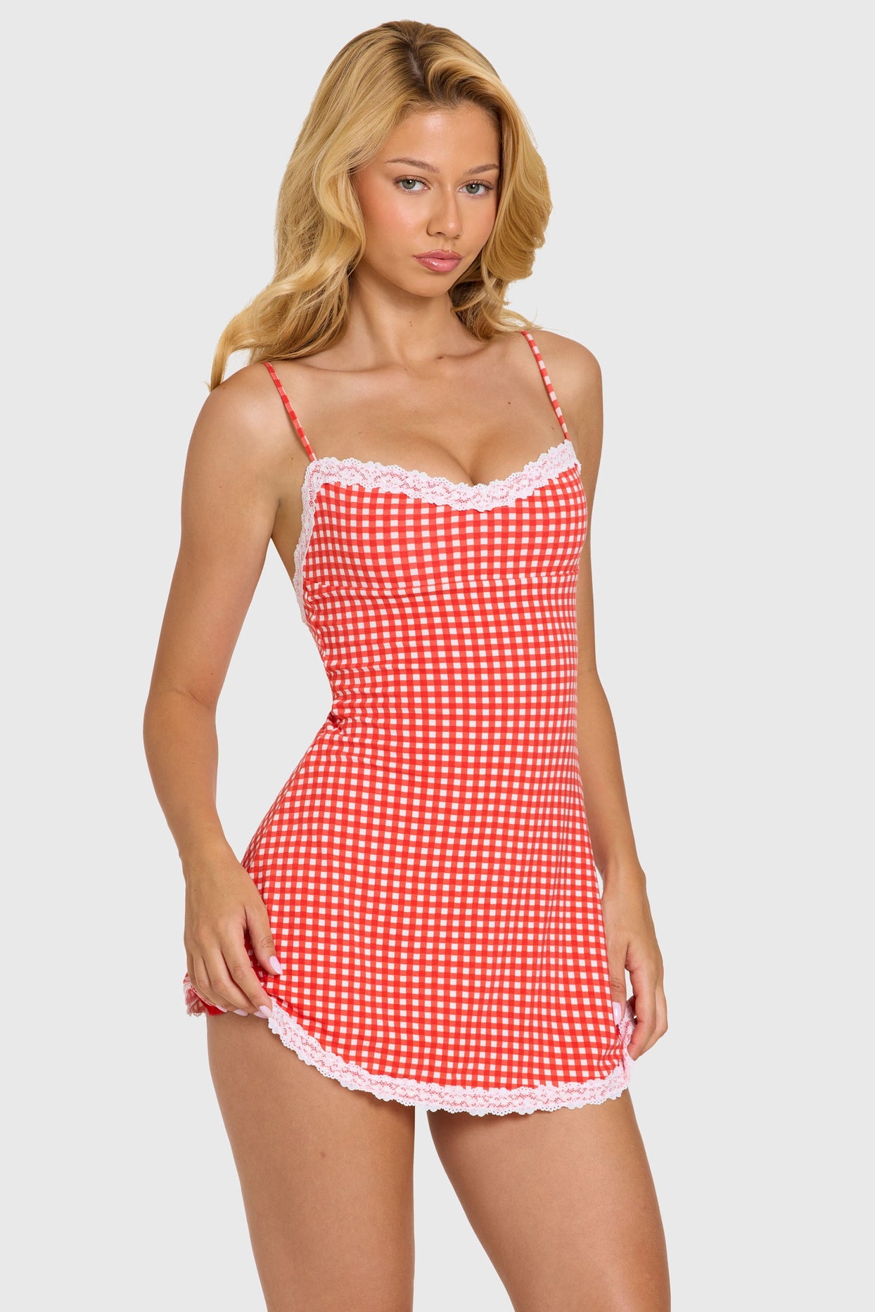 Modal Lace-Trim Mini Dress in Red Gingham - 5