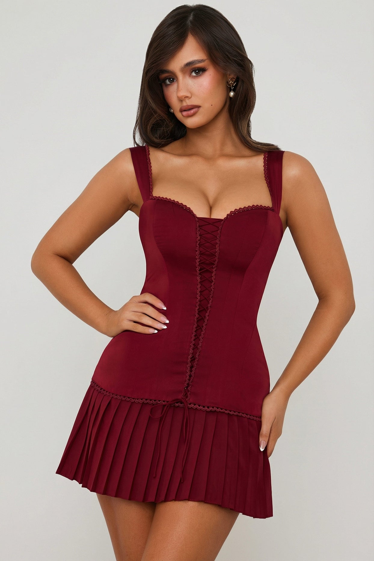Bow-Detail Lace-Up Corset Mini Dress in Berry Red - 8