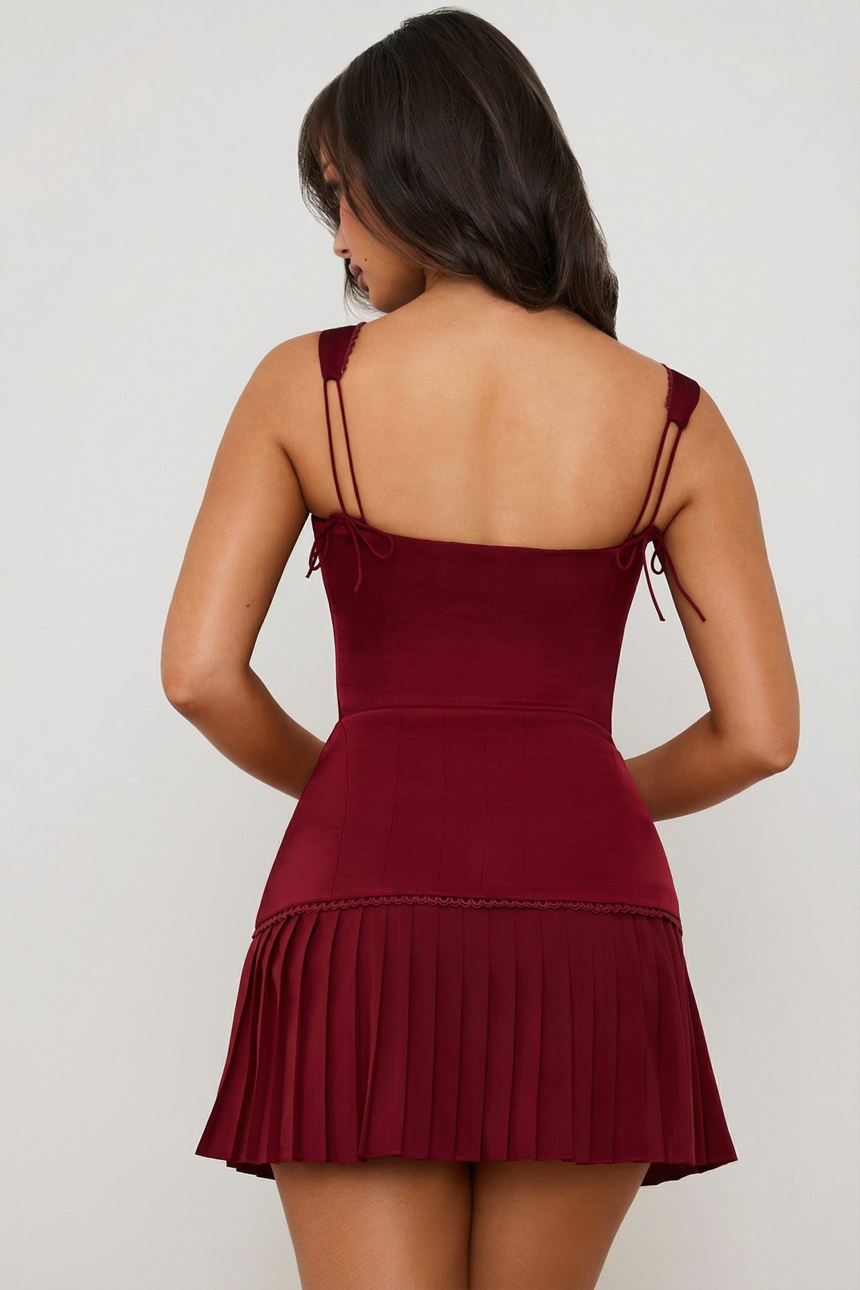 Bow-Detail Lace-Up Corset Mini Dress in Berry Red - 9