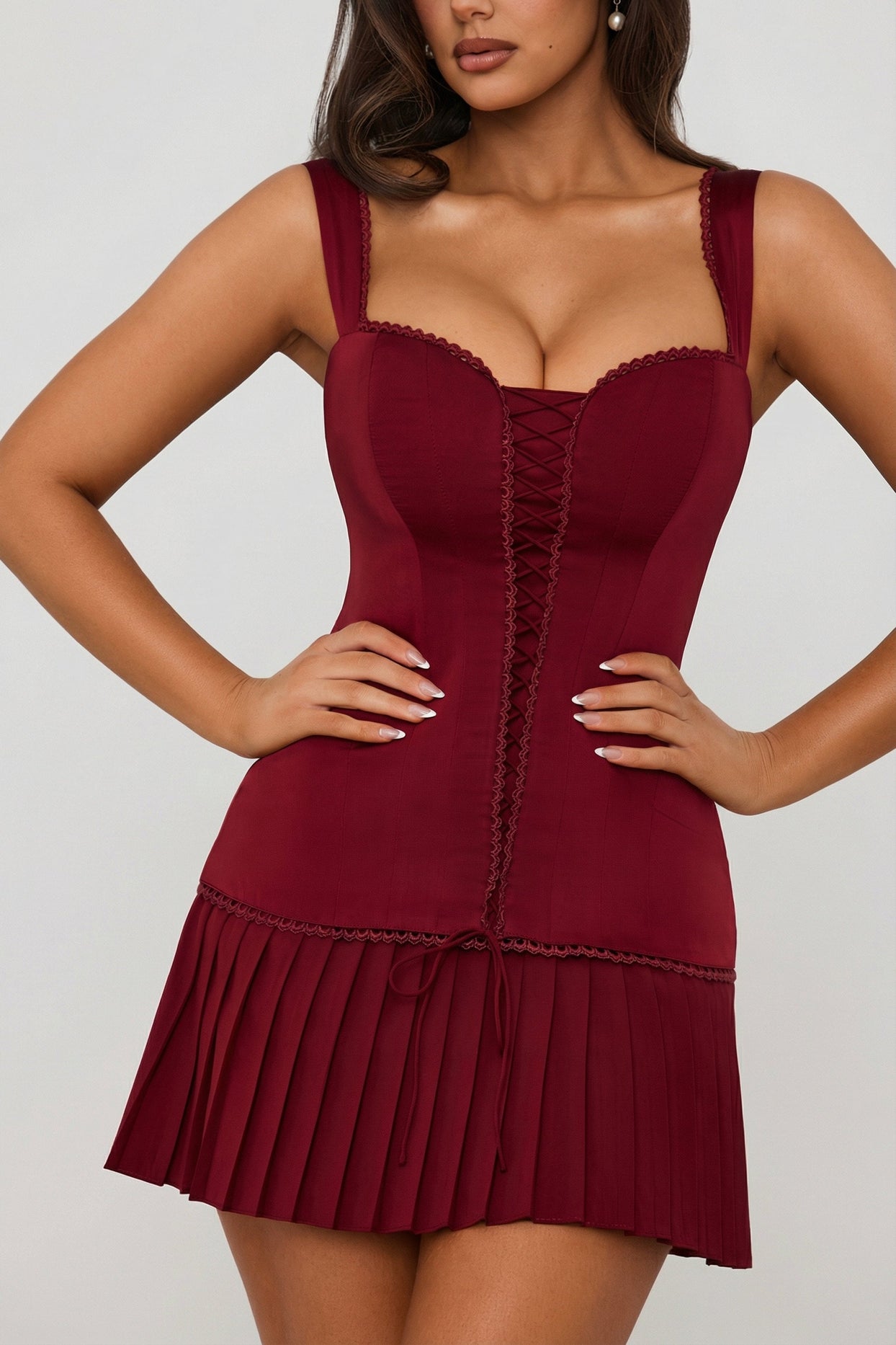 Bow-Detail Lace-Up Corset Mini Dress in Berry Red - 11
