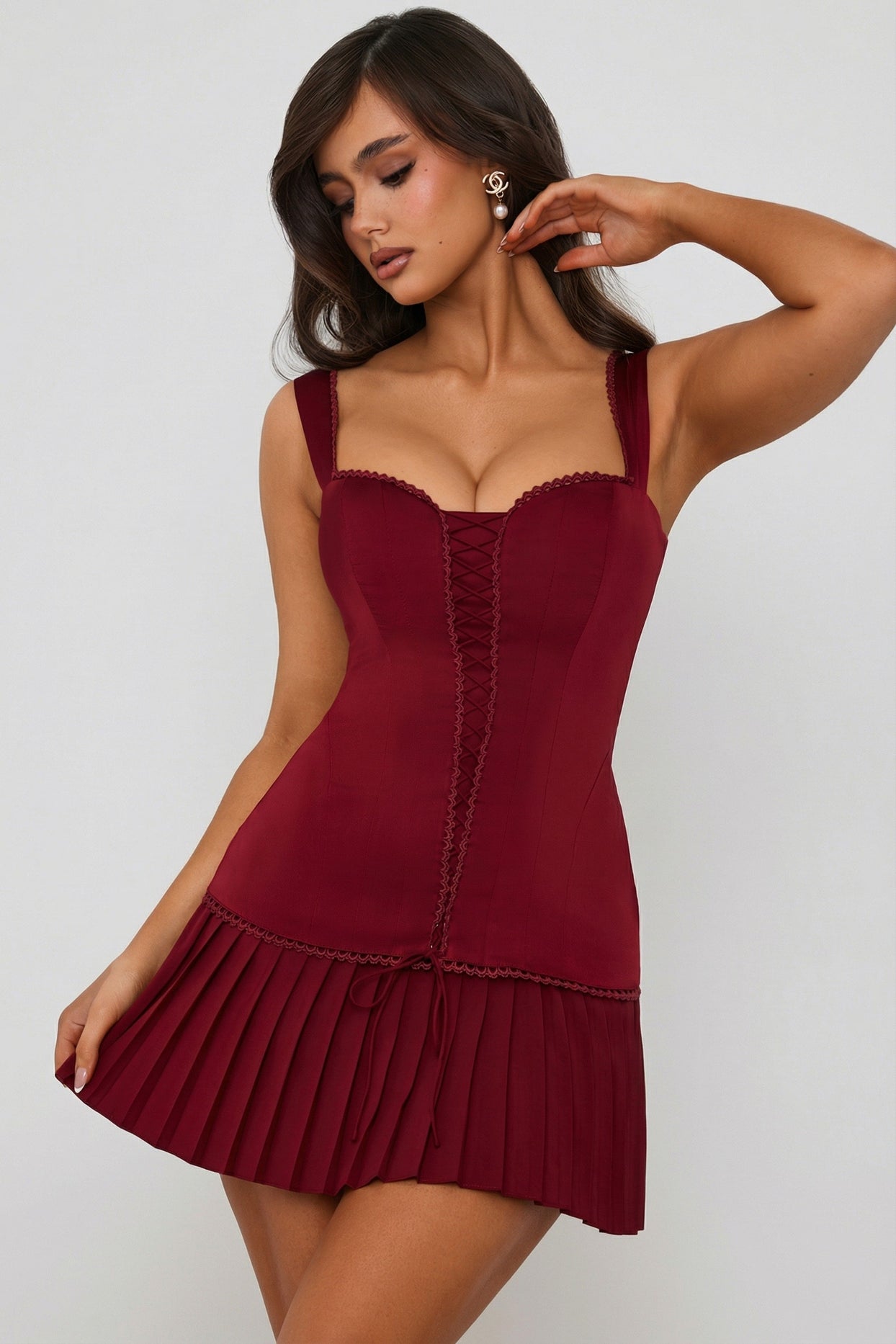 Bow-Detail Lace-Up Corset Mini Dress in Berry Red - 13