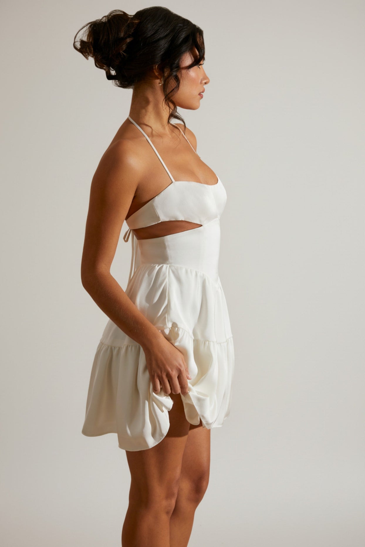 Halter Neck Cut Out Mini Dress in White - 3