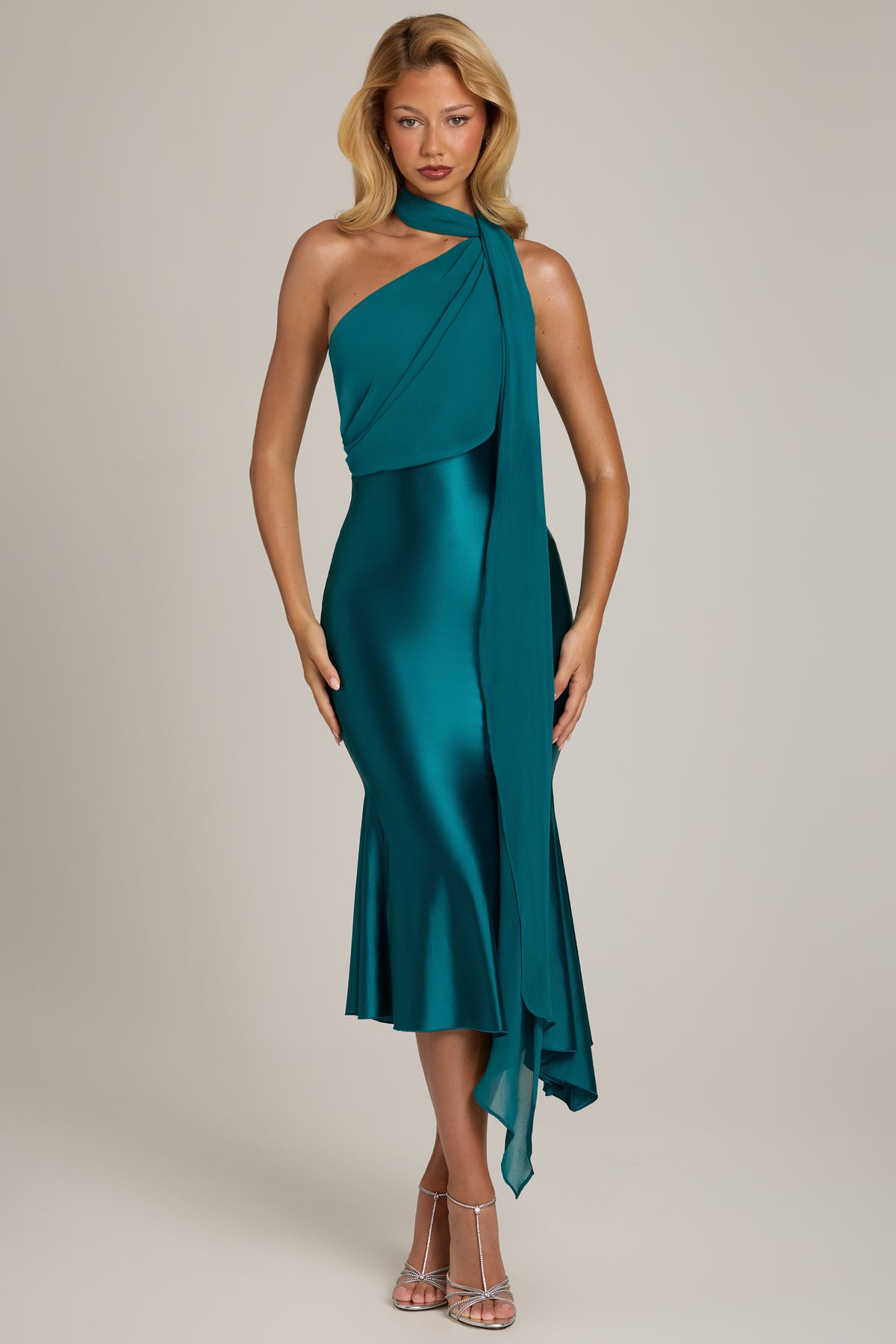 Scarf-Detail Midaxi Dress in Teal