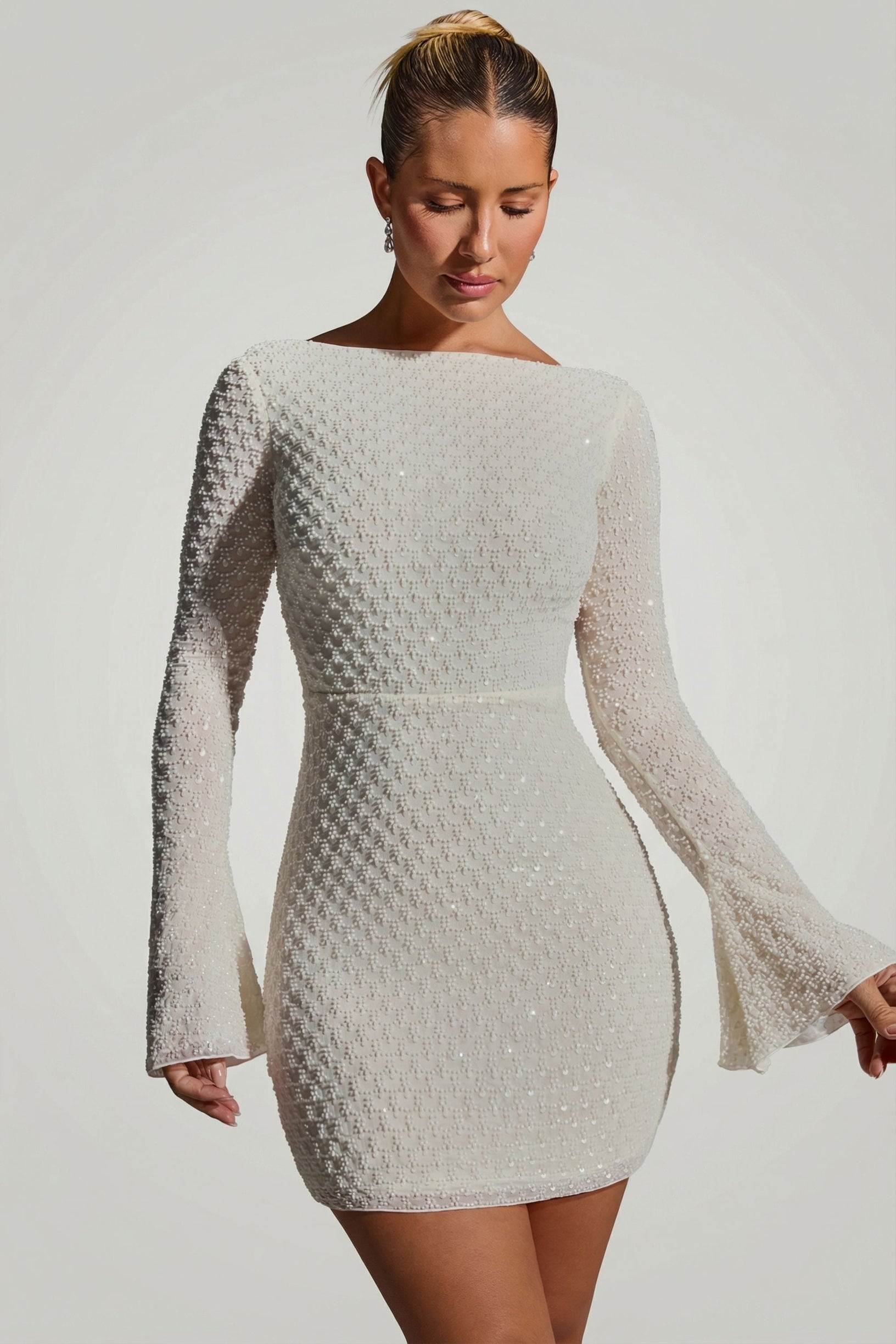 oh polly mesh sleeve dress Sheer Panelled Long Sleeve Mini Dress in Brown