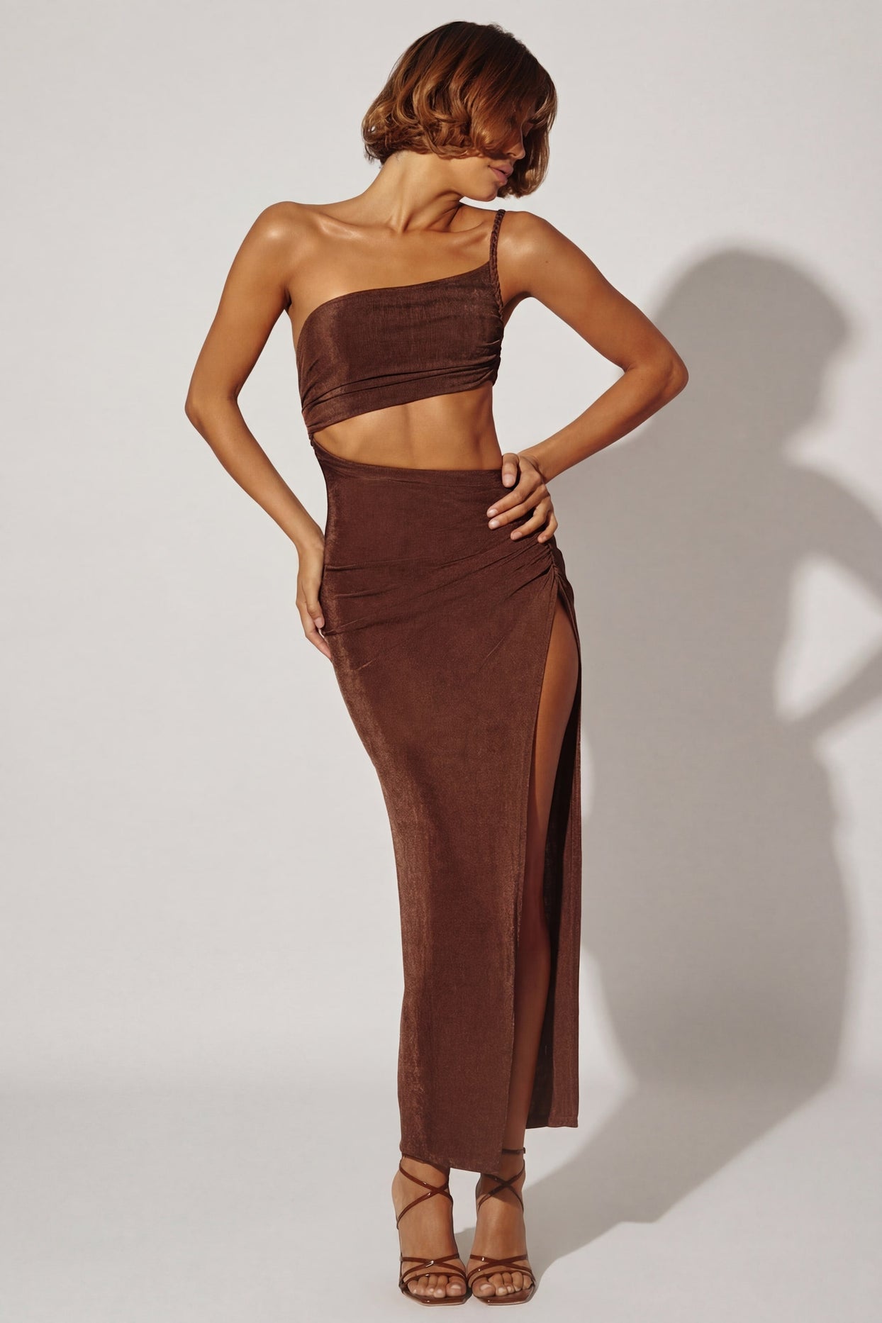 One Shoulder Cut Out Maxi Dress in Brown - 7