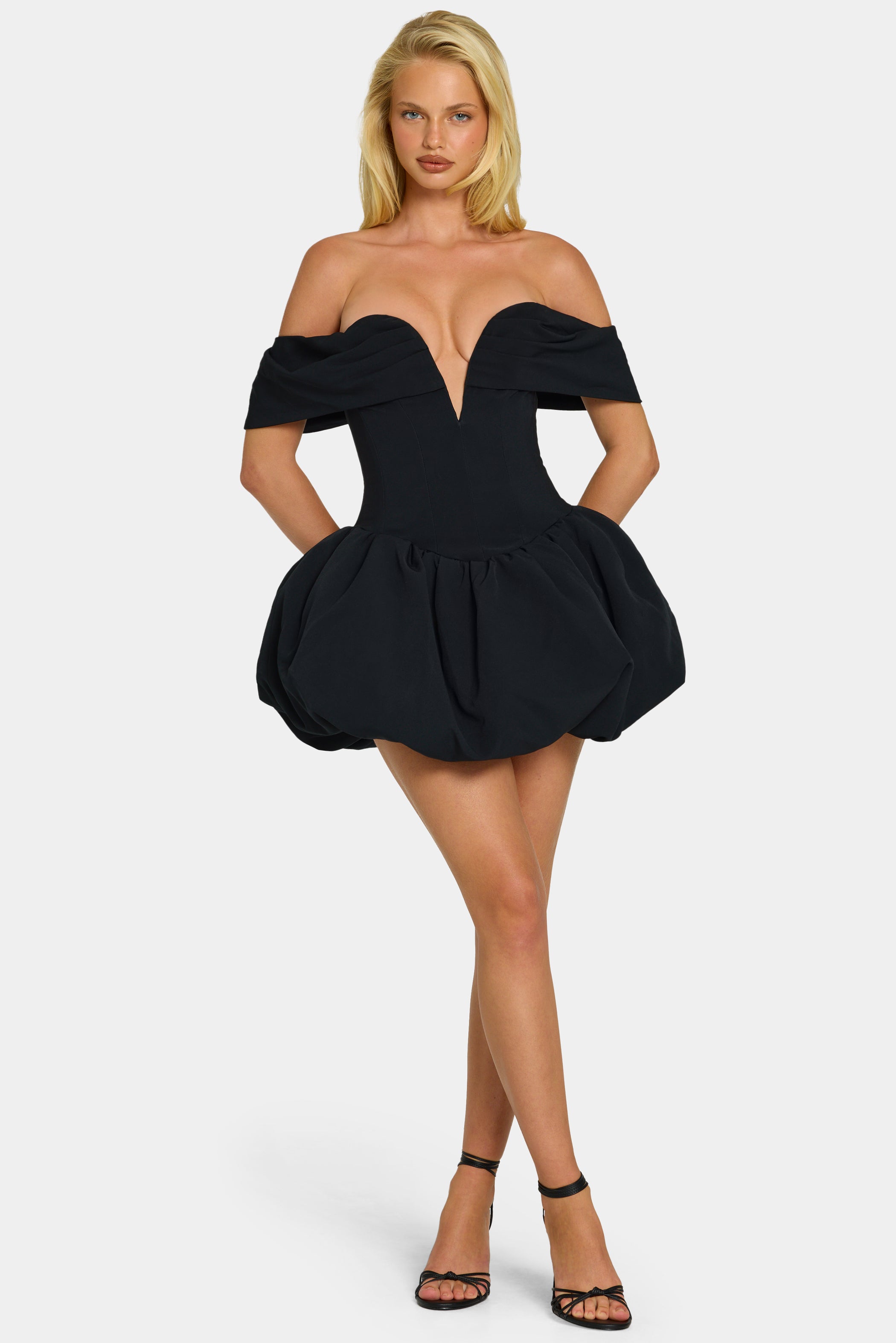 Off-Shoulder Layered Bubble Hem Corset Mini Dress in Black