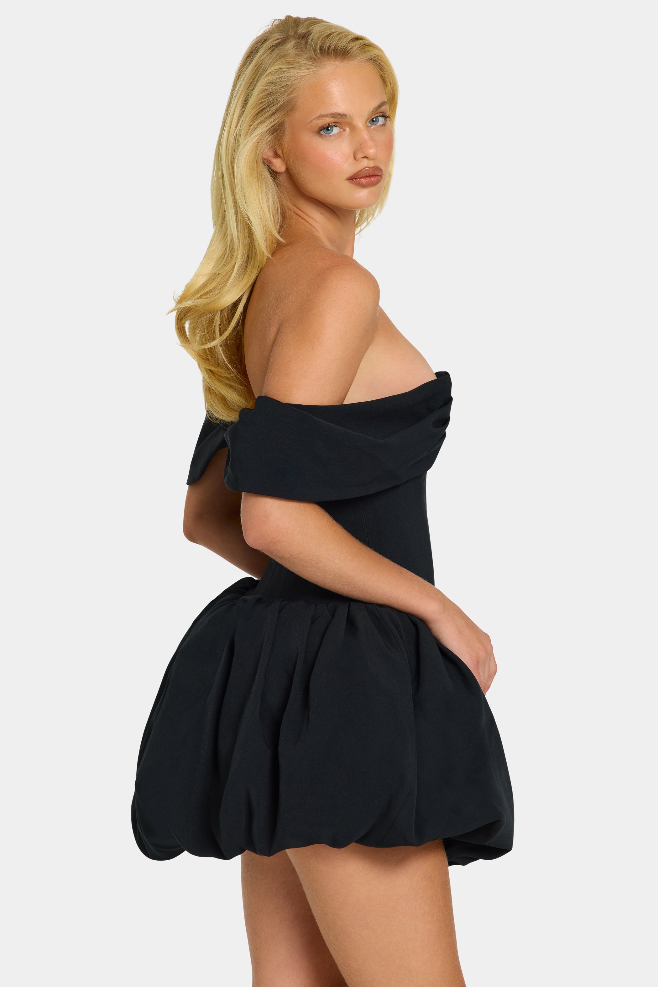 Off-Shoulder Layered Bubble Hem Corset Mini Dress in Black