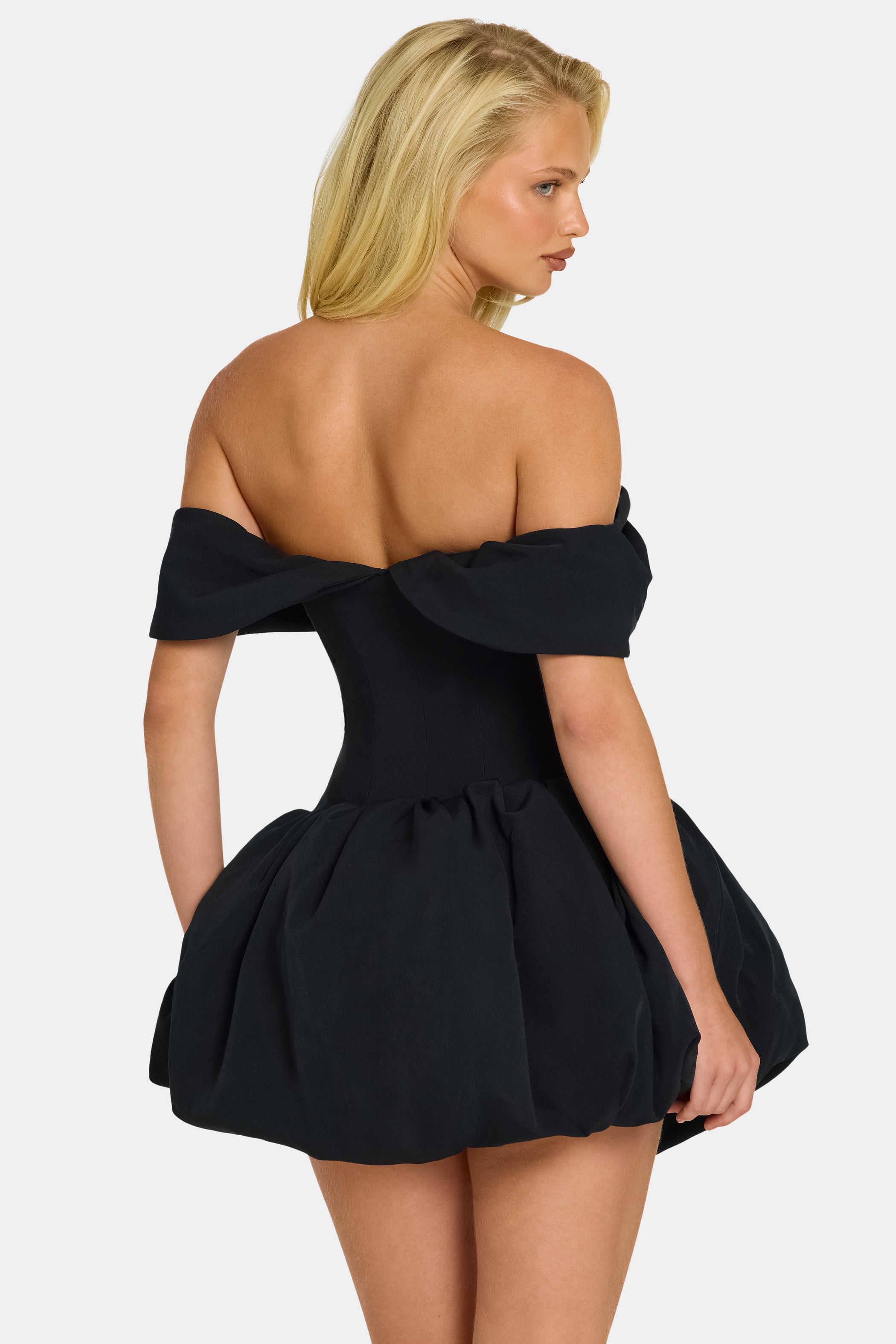 Off-Shoulder Layered Bubble Hem Corset Mini Dress in Black