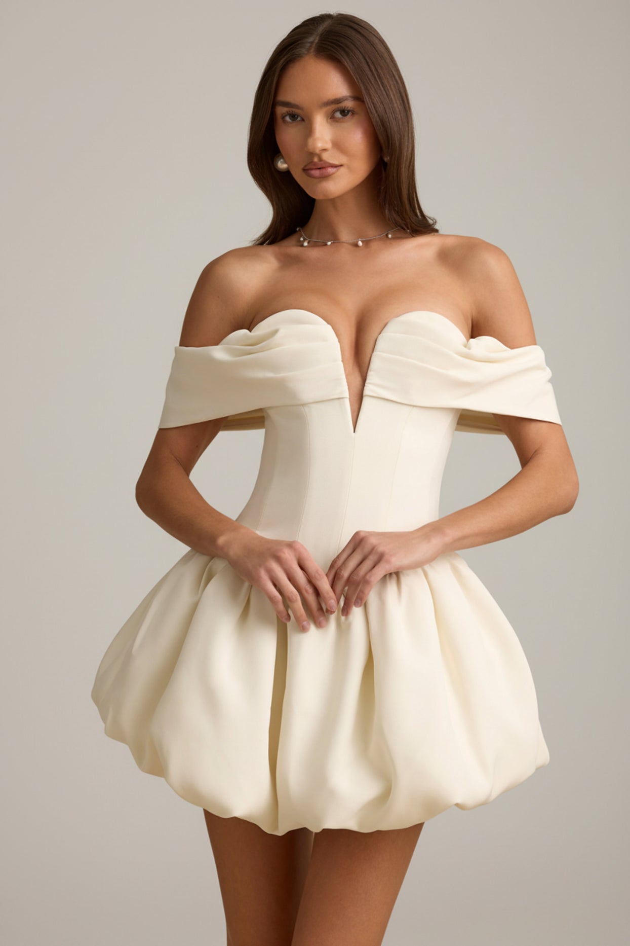 Off-Shoulder Layered Bubble Hem Corset Mini Dress in Ivory