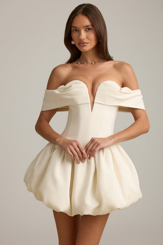 Off-Shoulder Layered Bubble Hem Corset Mini Dress in Ivory