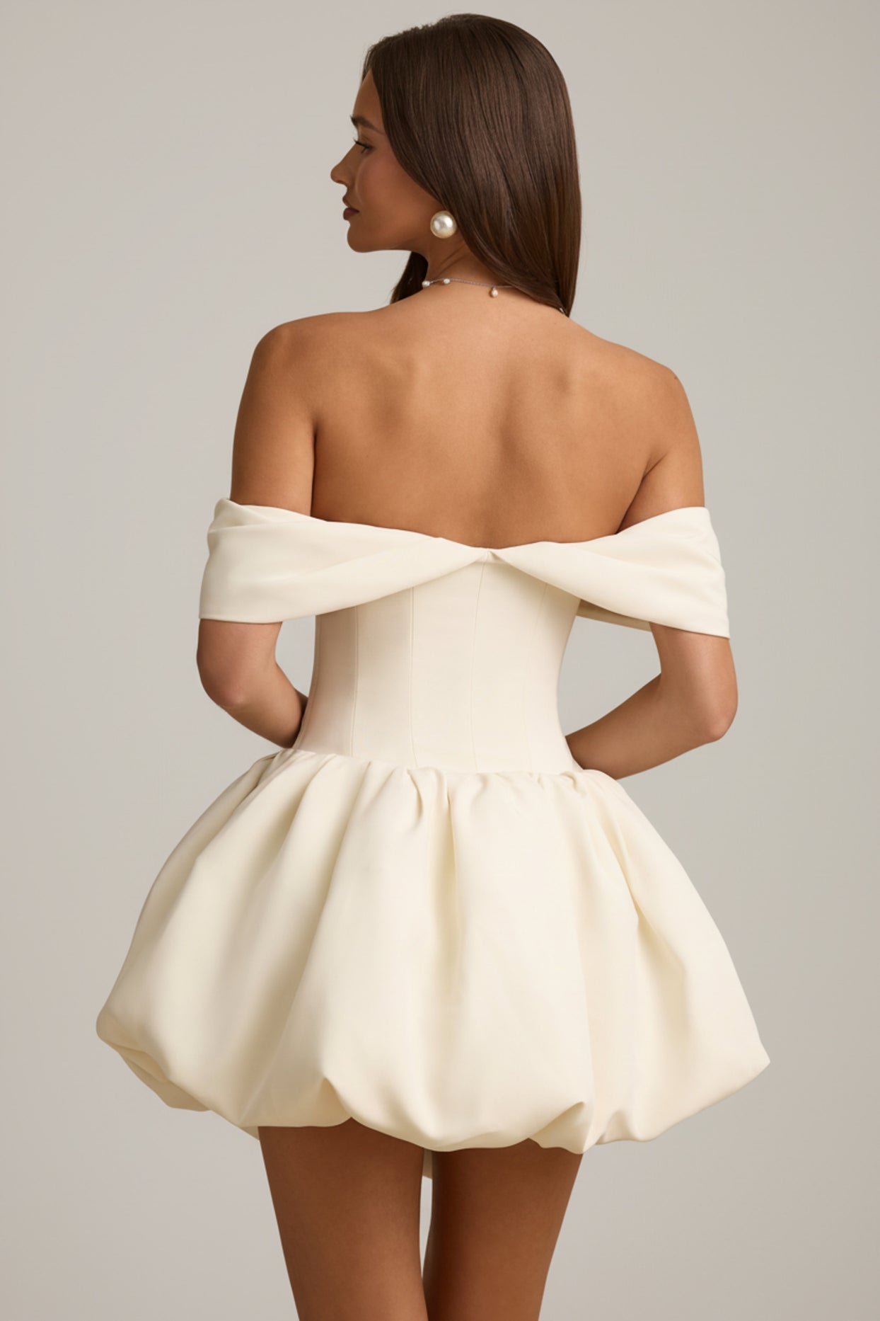 Off-Shoulder Layered Bubble Hem Corset Mini Dress in Ivory