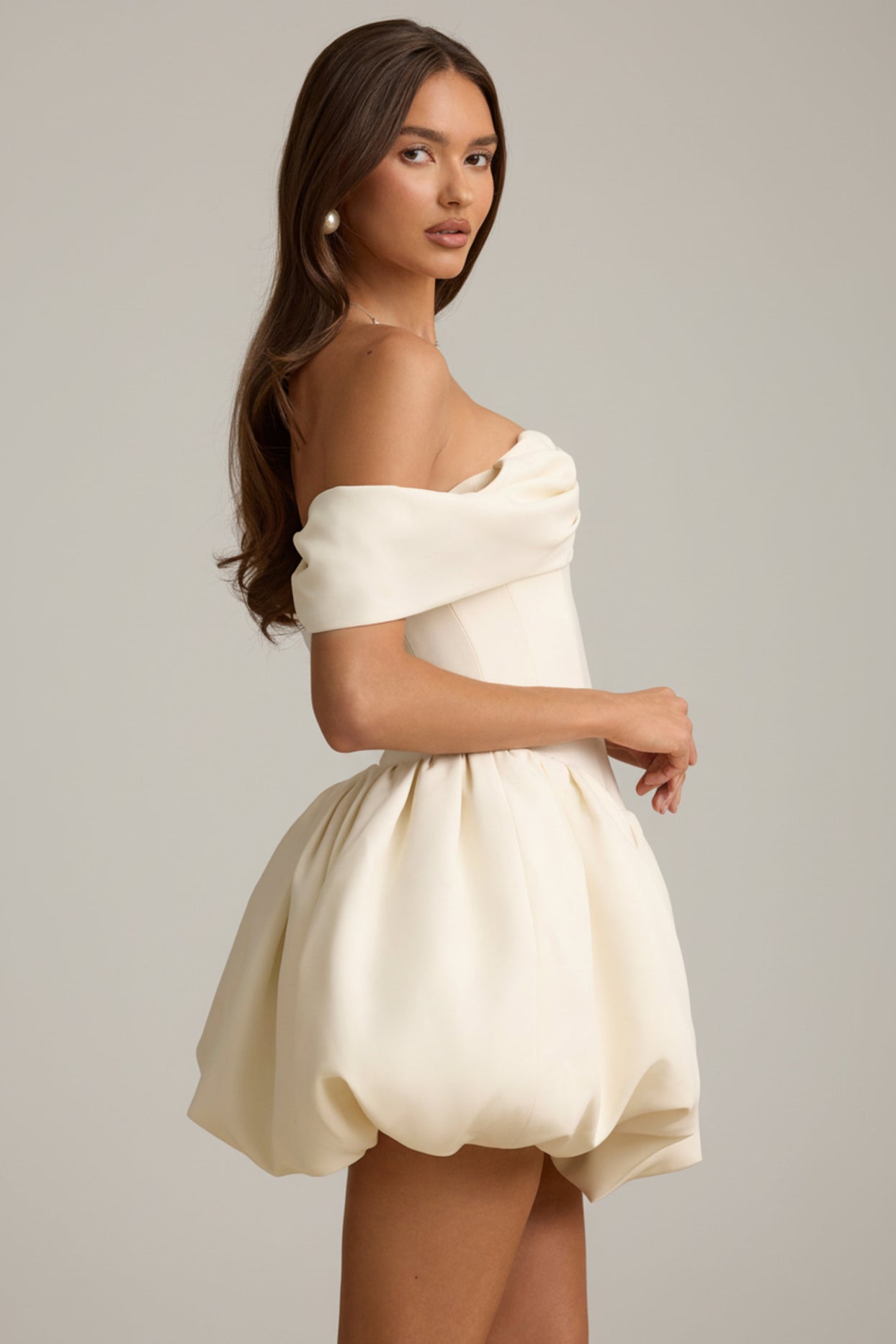 Off-Shoulder Layered Bubble Hem Corset Mini Dress in Ivory