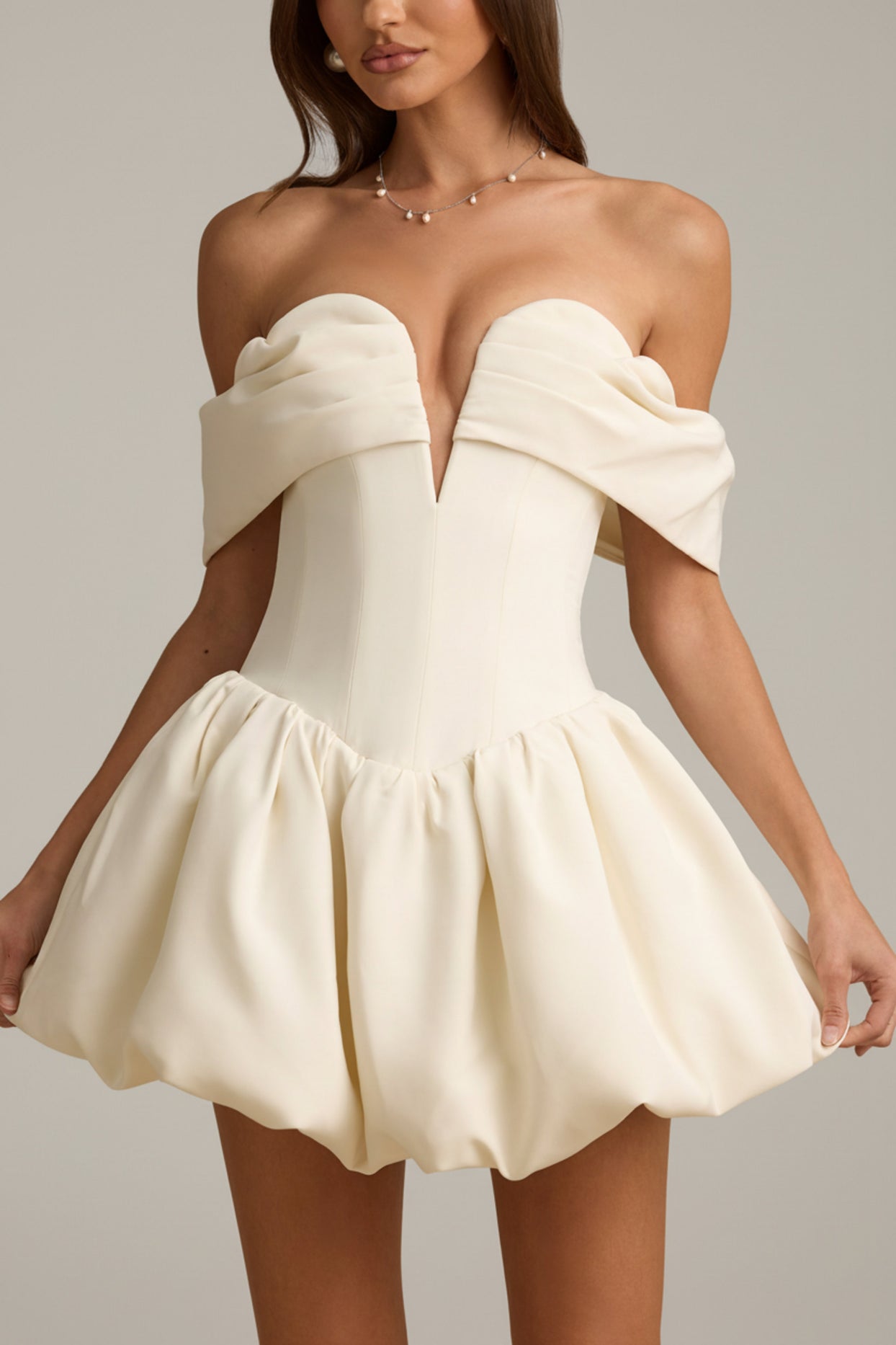 Off-Shoulder Layered Bubble Hem Corset Mini Dress in Ivory