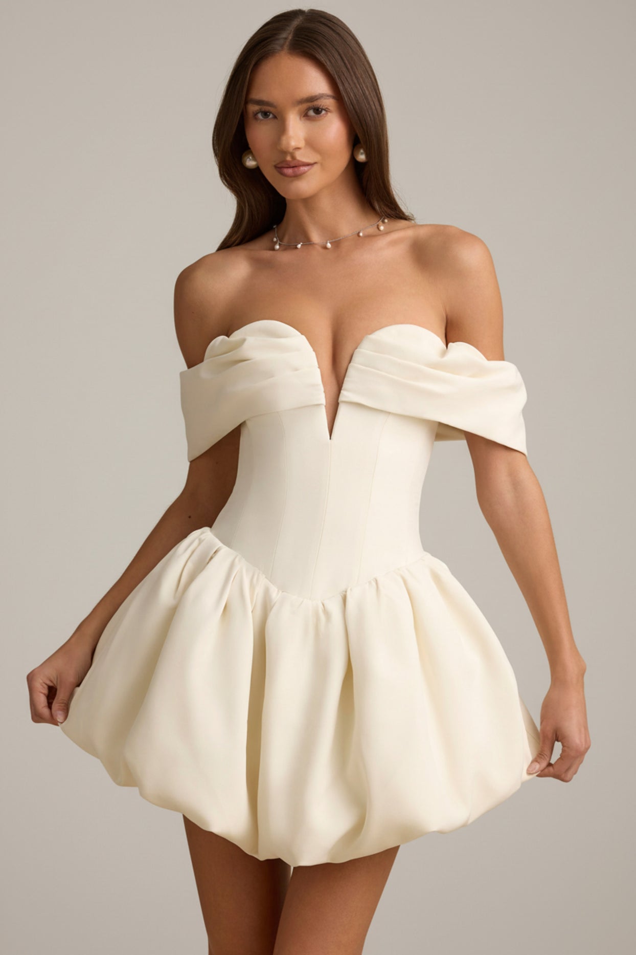 Off-Shoulder Layered Bubble Hem Corset Mini Dress in Ivory