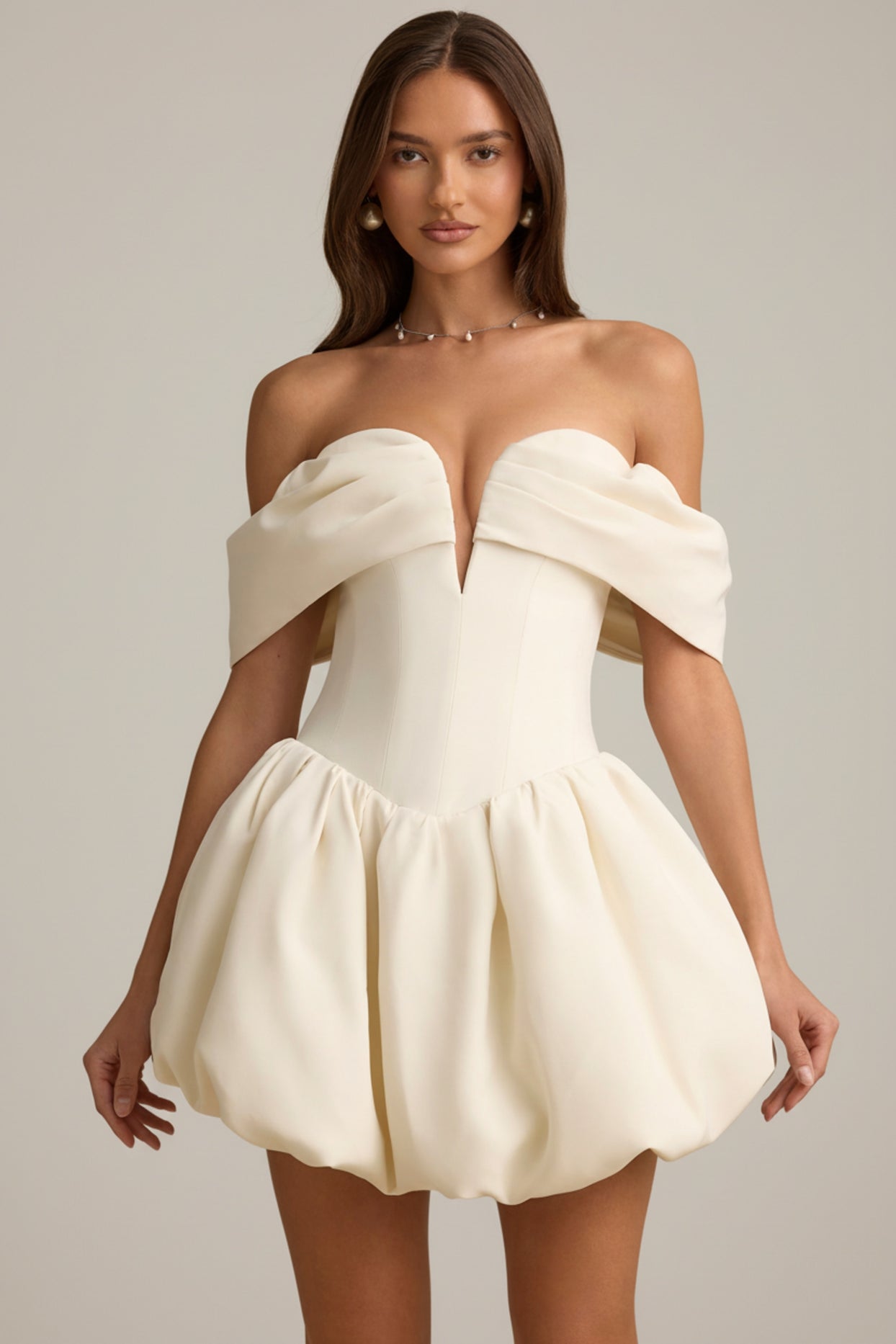 Off-Shoulder Layered Bubble Hem Corset Mini Dress in Ivory