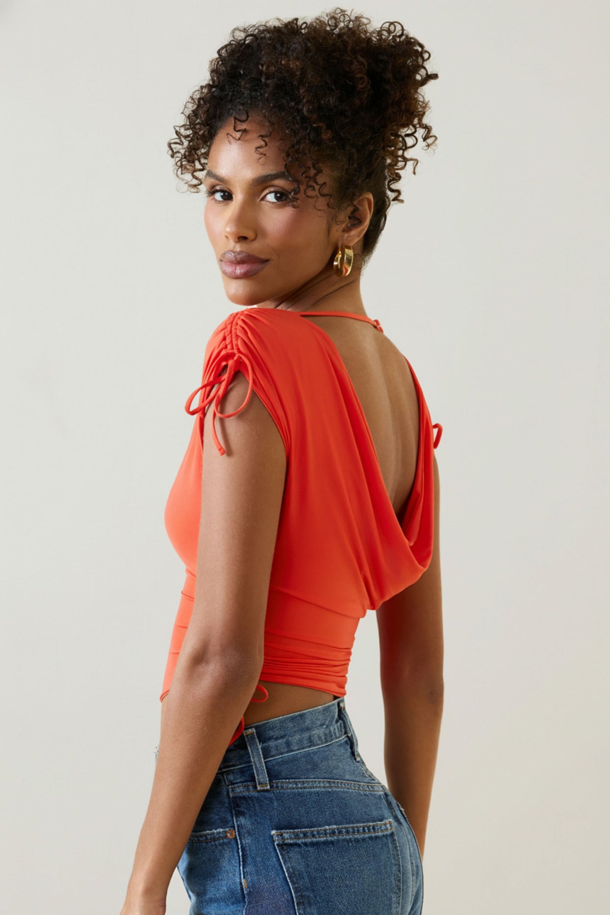 Asymmetric Ruched Cowl-Back Crop Top in Scarlet - 3