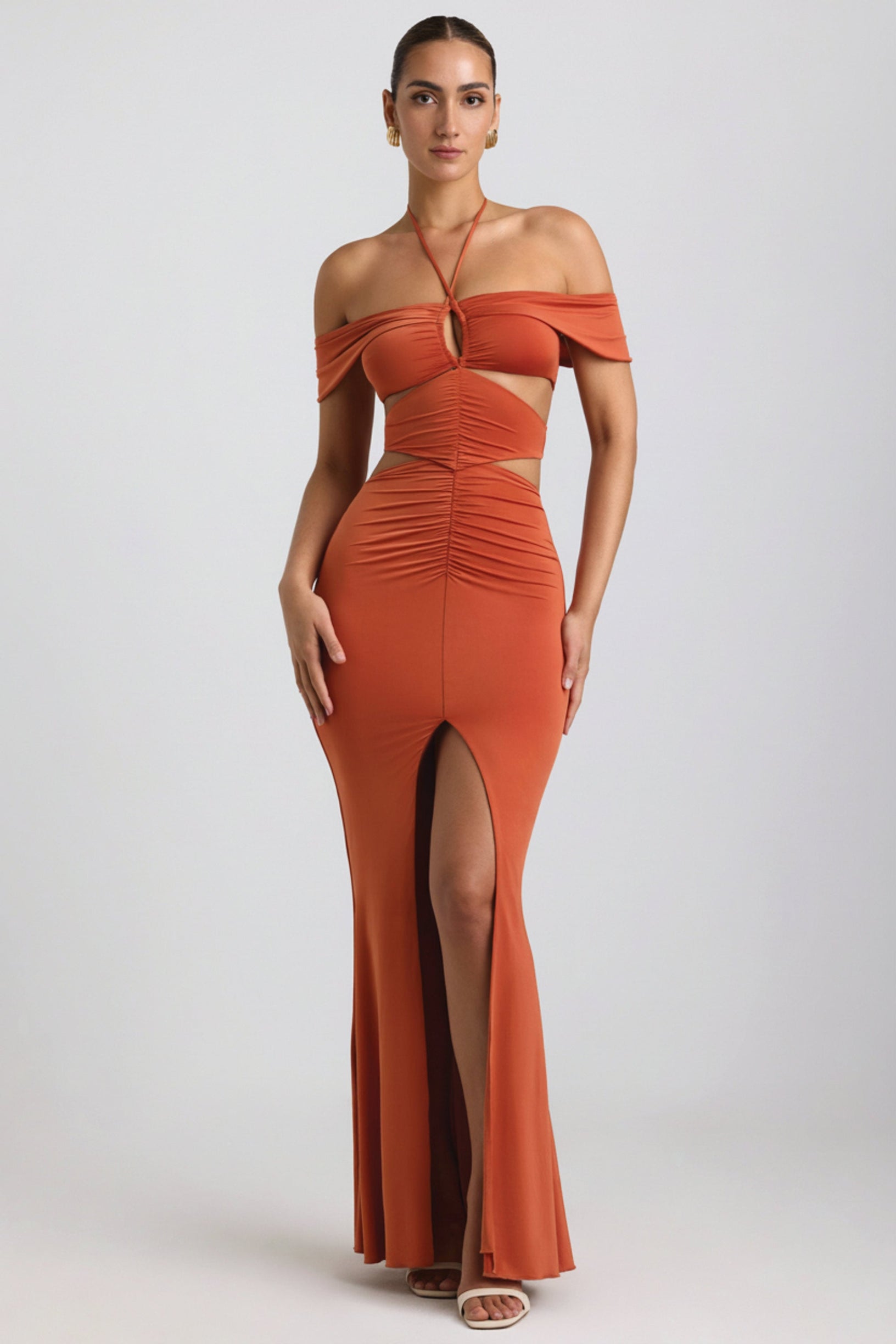Slinky Jersey Cut-Out Halterneck Gown in Burnt Orange - 1
