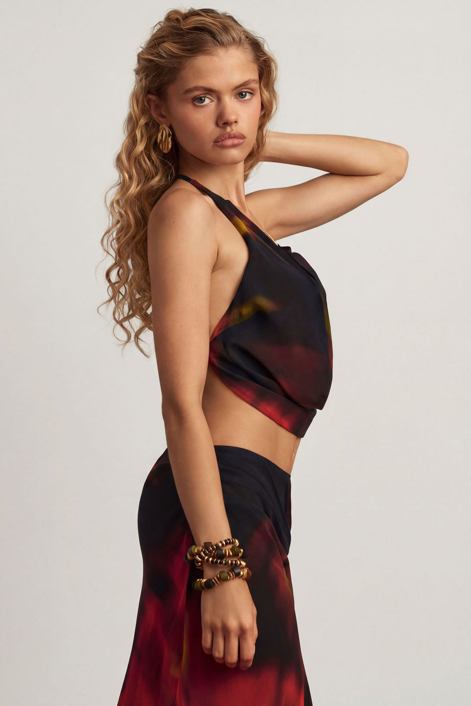 Halterneck Cowl Crop Top in Red Blurred Print