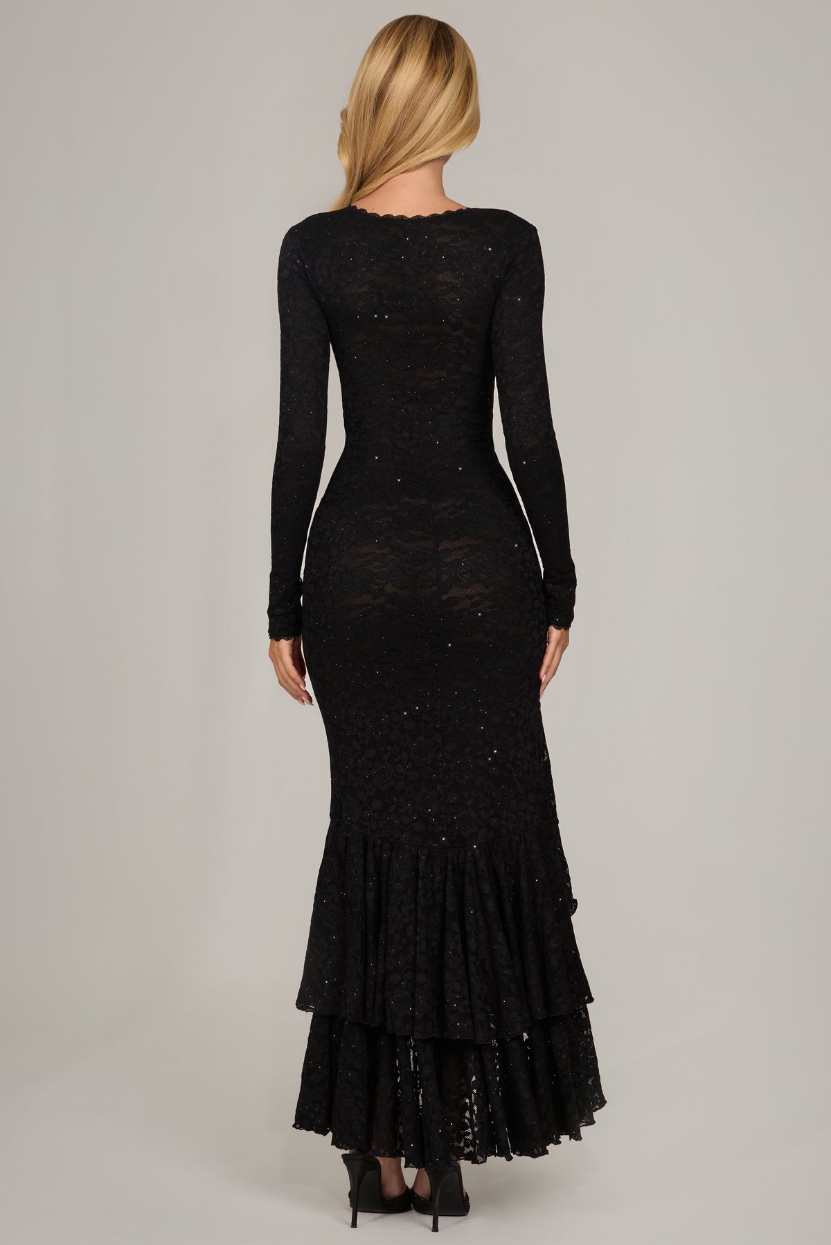 Sequin Lace Long-Sleeve Maxi Dress in Black