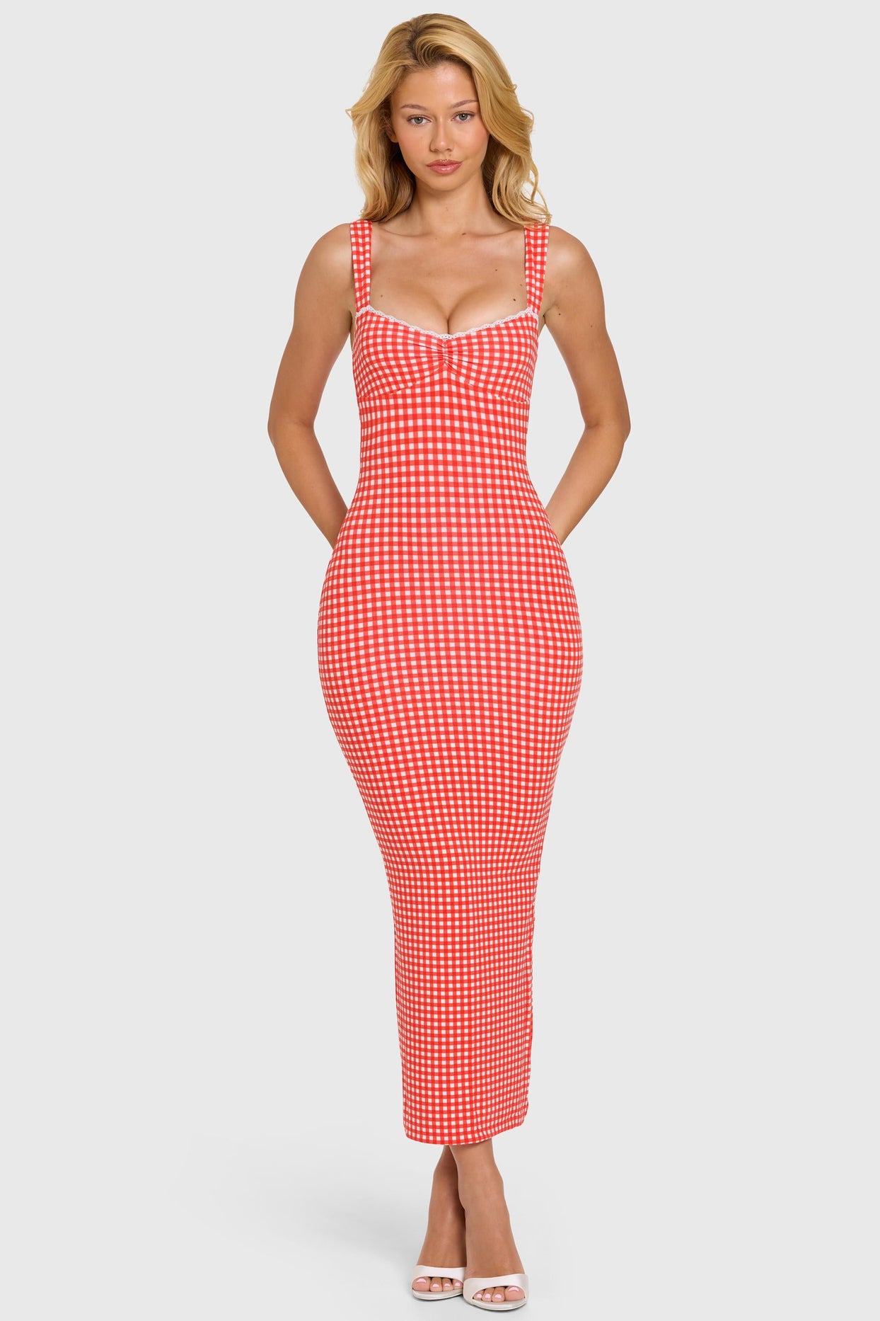 Modal Lace-Trim Midaxi Dress in Red Gingham - 5