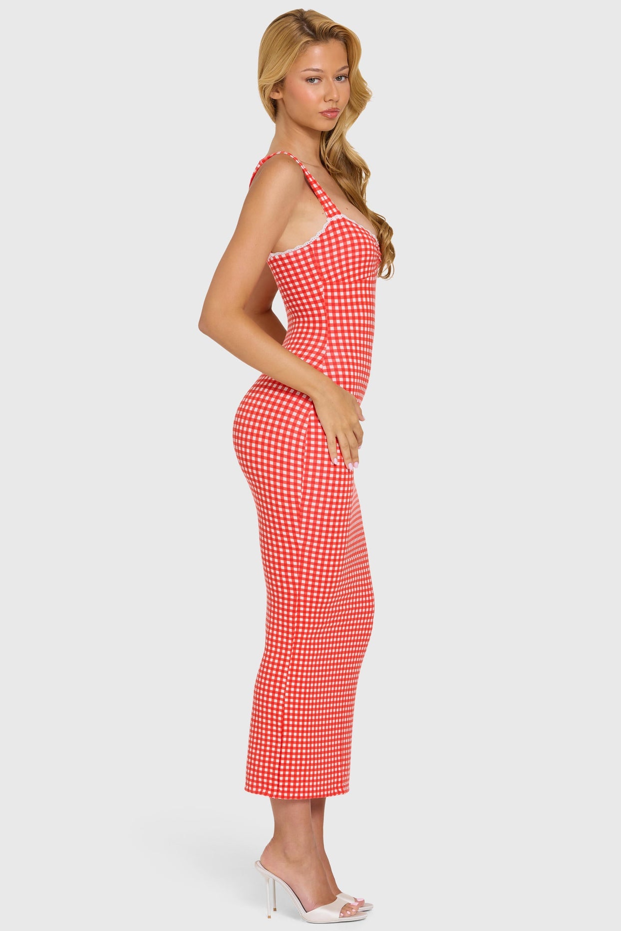 Modal Lace-Trim Midaxi Dress in Red Gingham - 3