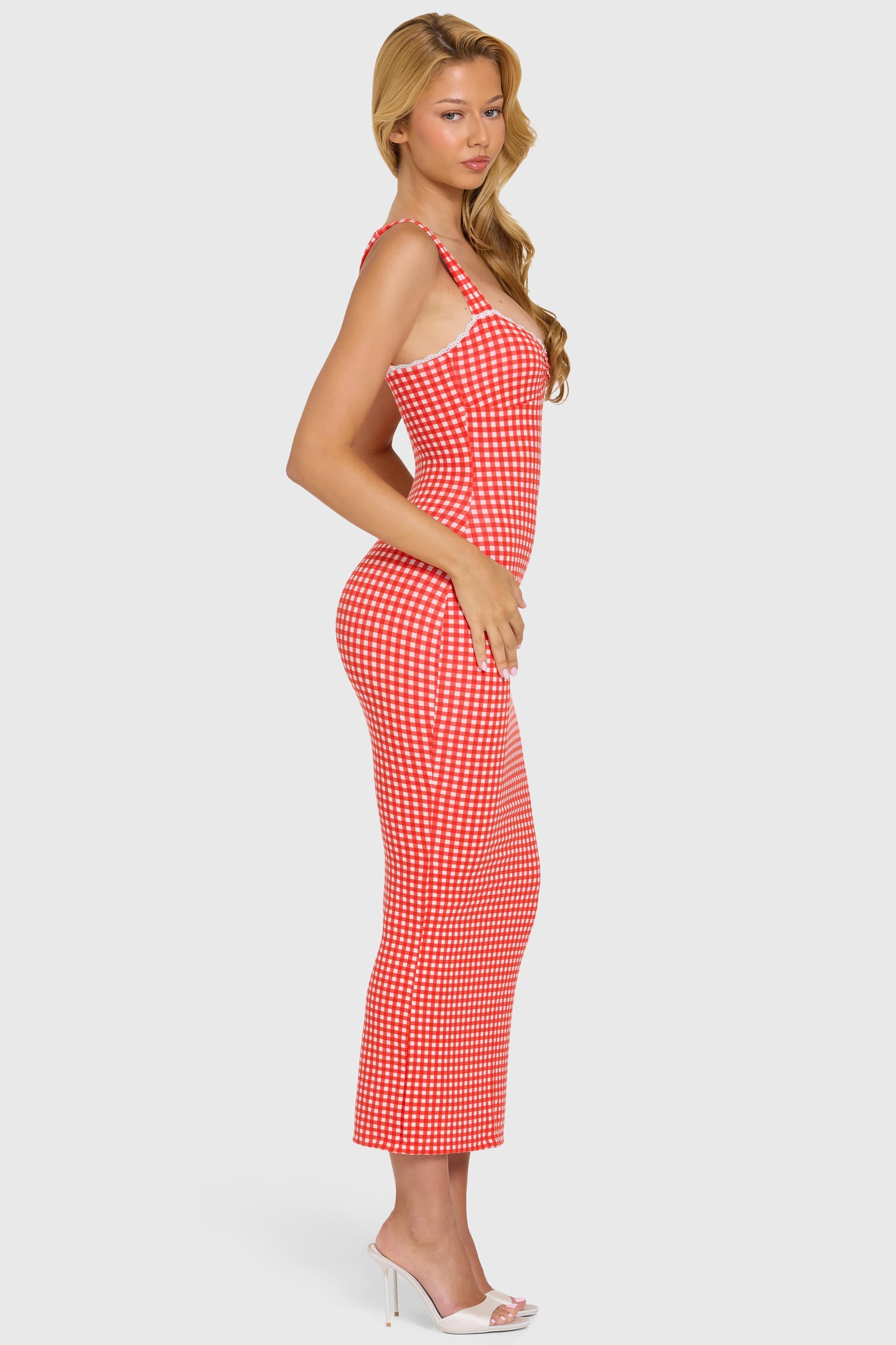 Modal Lace-Trim Midaxi Dress in Red Gingham