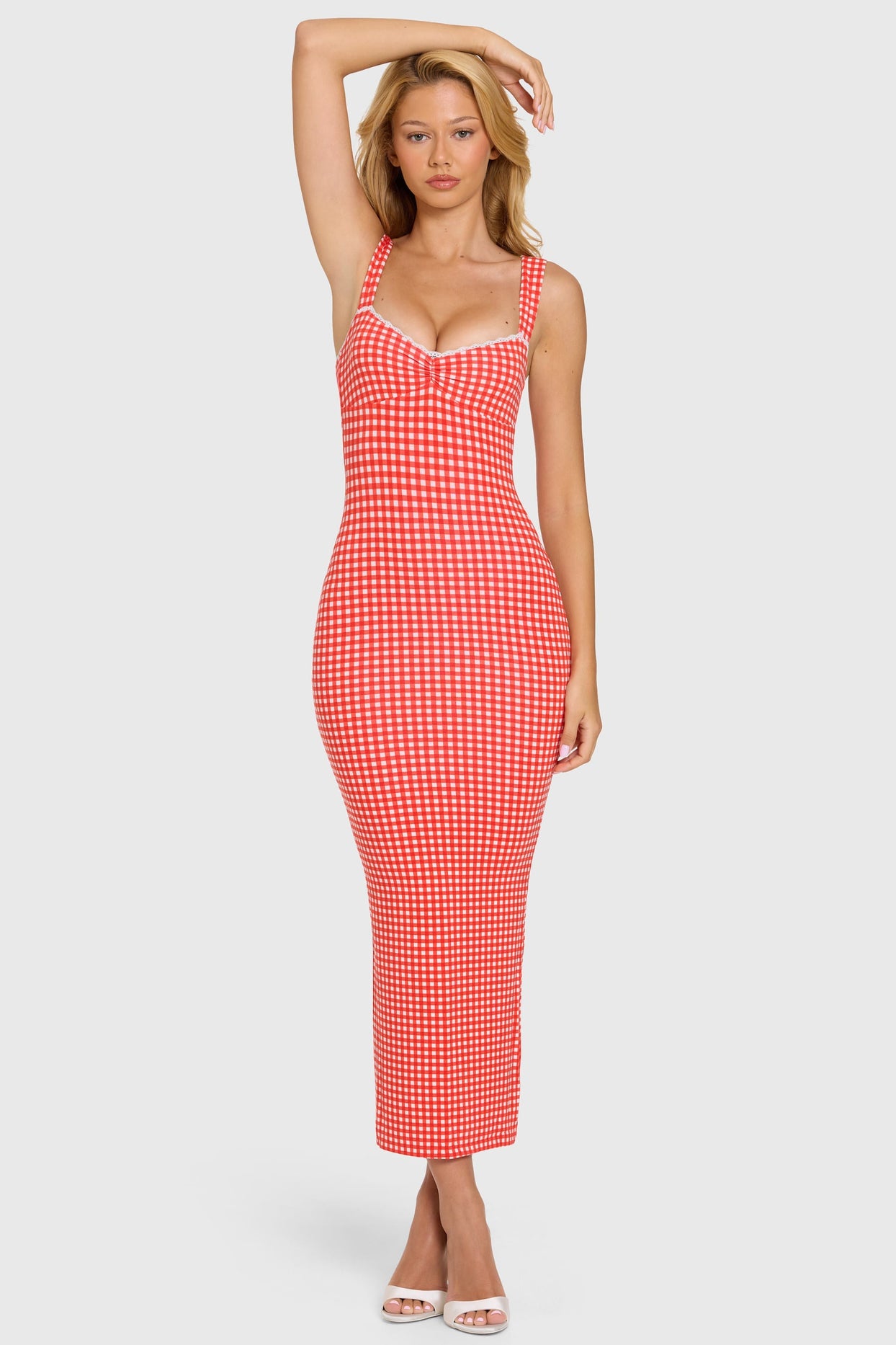 Modal Lace-Trim Midaxi Dress in Red Gingham - 6