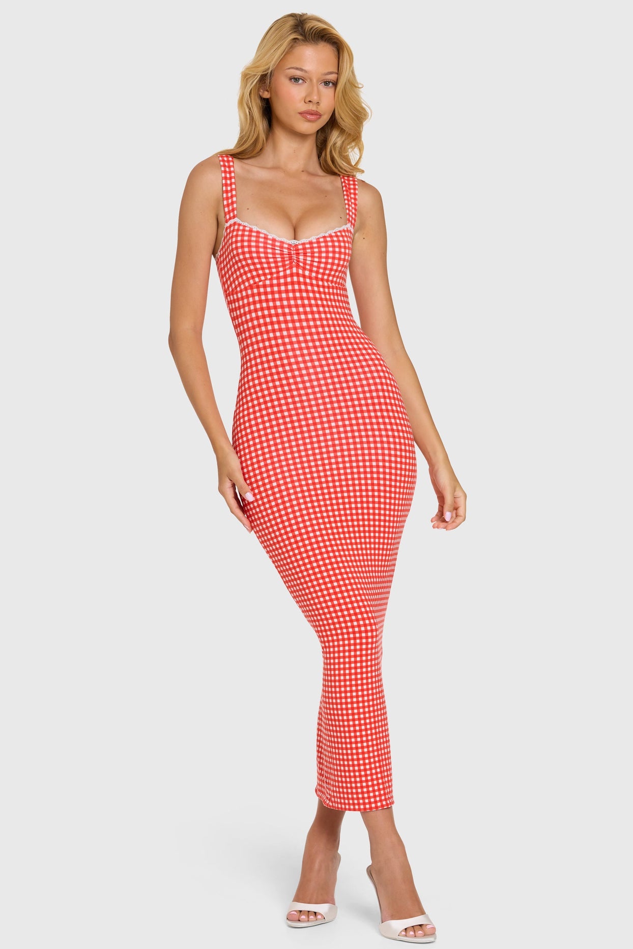 Modal Lace-Trim Midaxi Dress in Red Gingham - 8