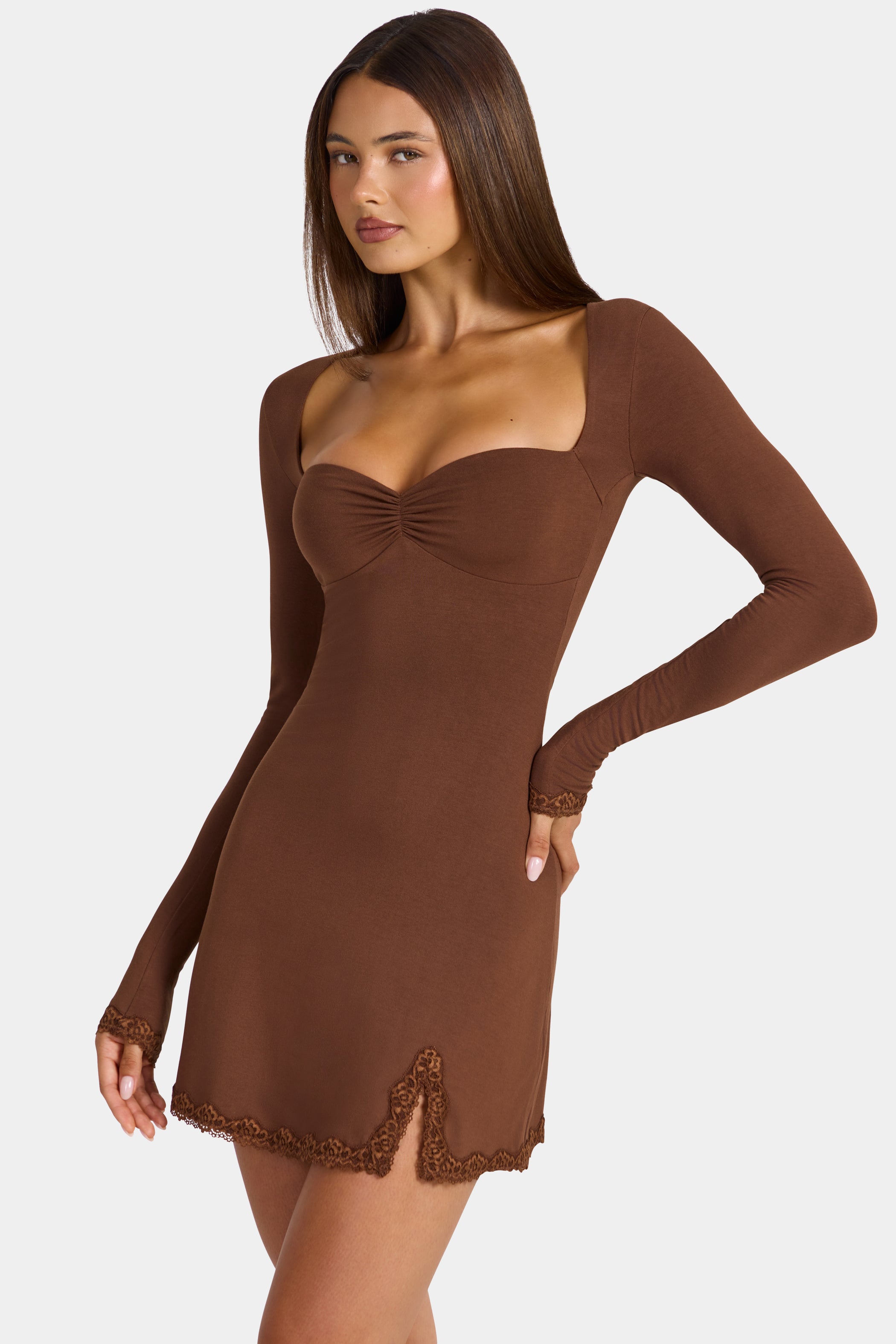 Luella Modal Lace-Trim Long-Sleeve Mini Dress in Cocoa Brown
