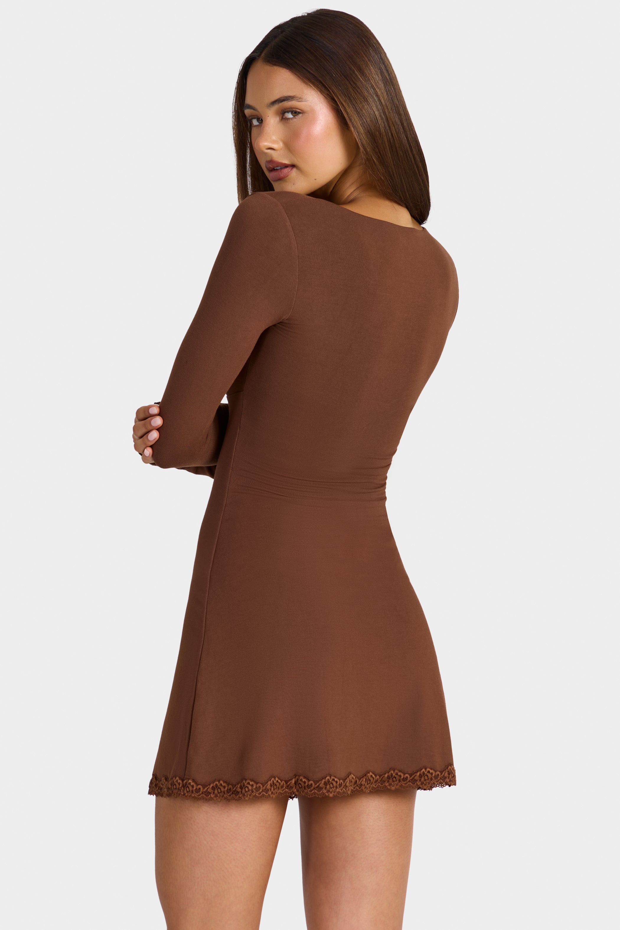 Modal Lace-Trim Long-Sleeve Mini Dress in Cocoa Brown