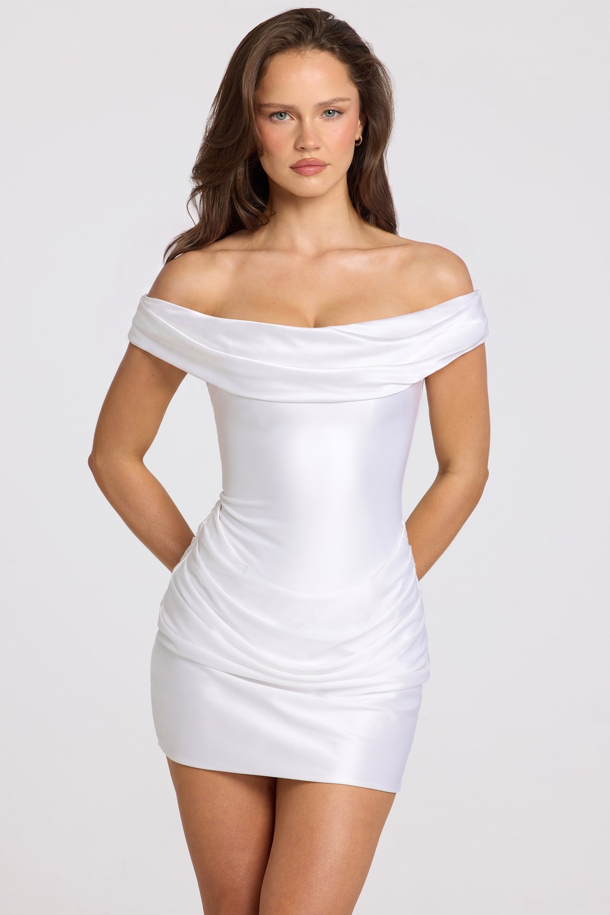 Satin Off-Shoulder Draped Mini Dress in White - 6