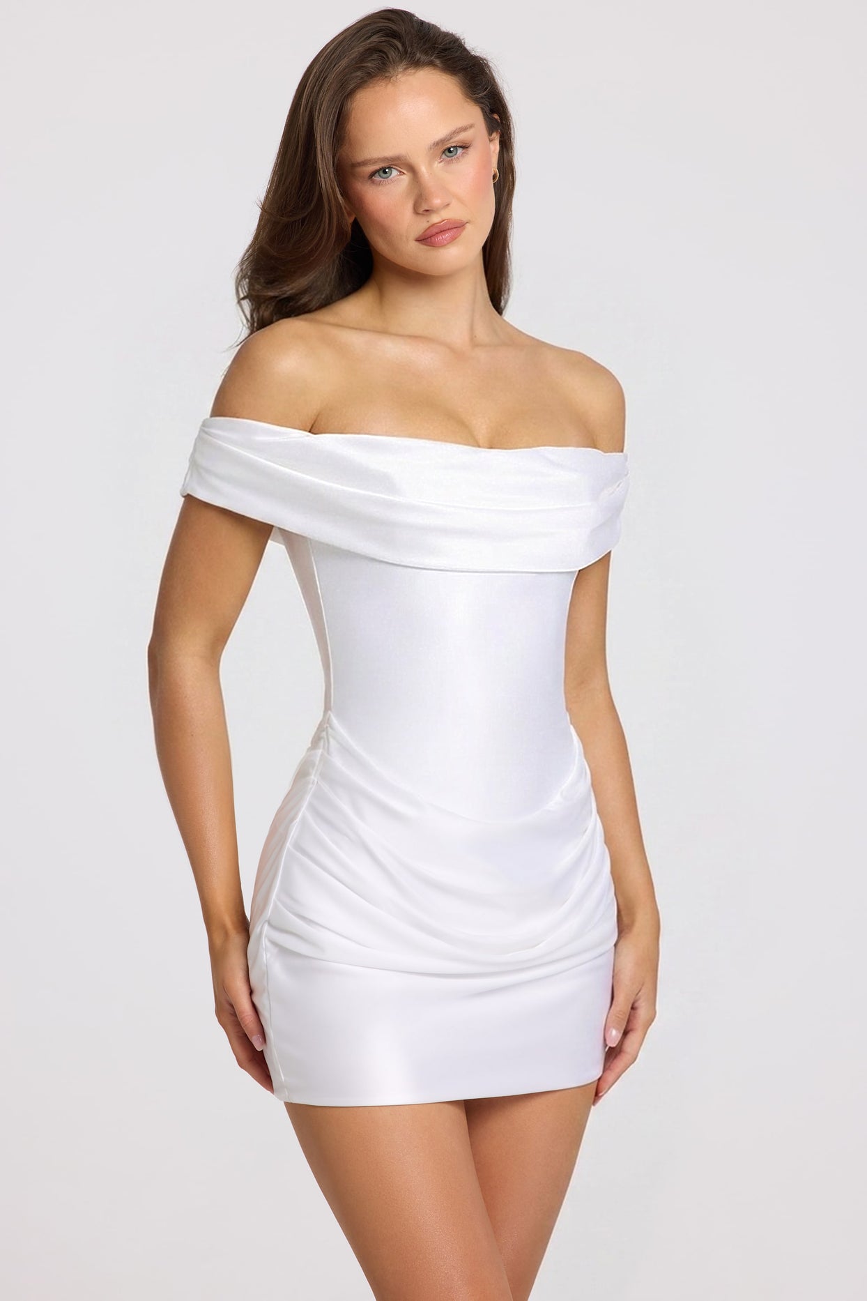 Satin Off-Shoulder Draped Mini Dress in White - 8